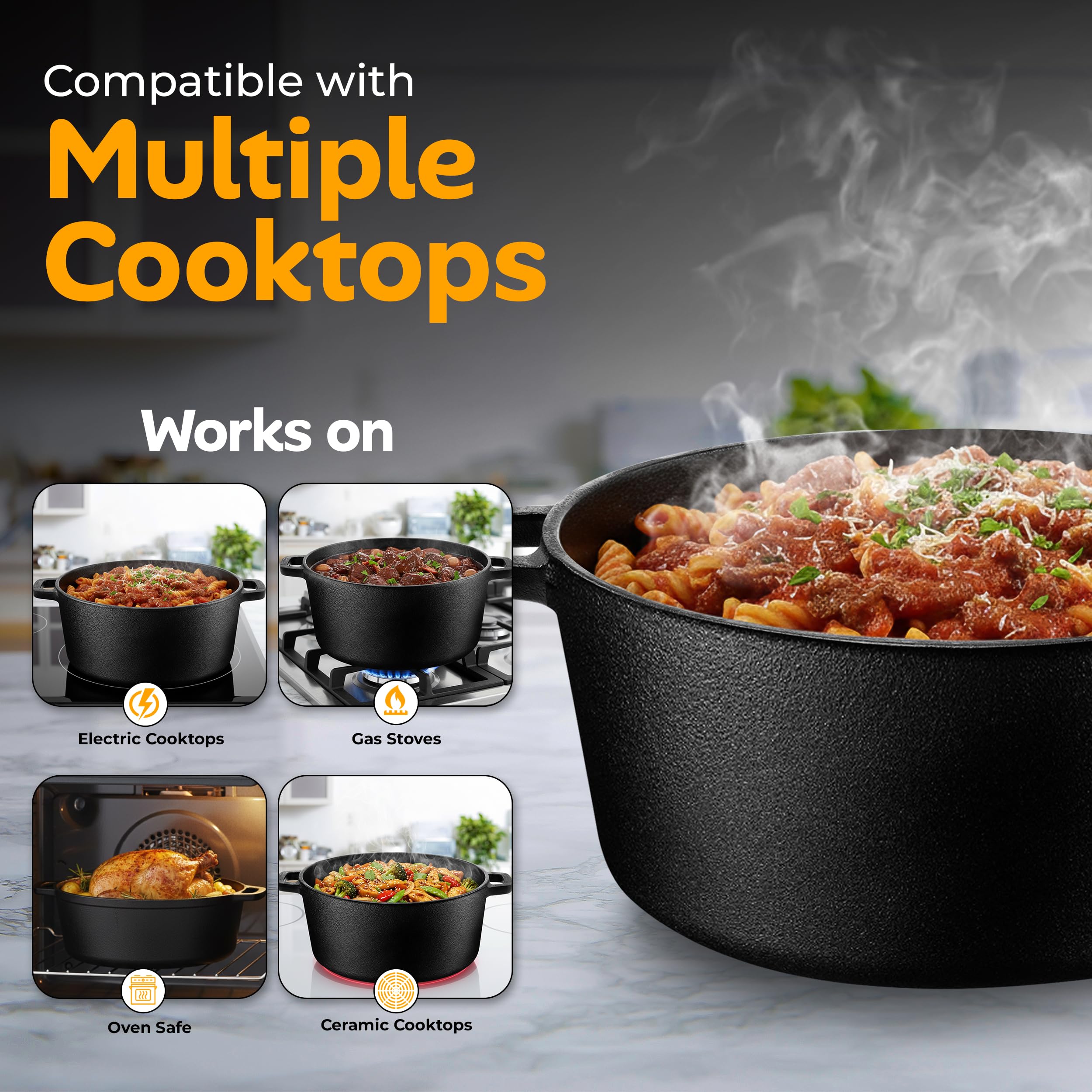 KICHLY 2 in 1 Gusseisen Topf Mit Doppelter Zweck Grillpfannendeckel - Vorgewürzter Gusseiserner Dutch Oven – Brot Backen, Kochen, Braten, Schmoren & Grillen – Im Innen- Und Außenbereich