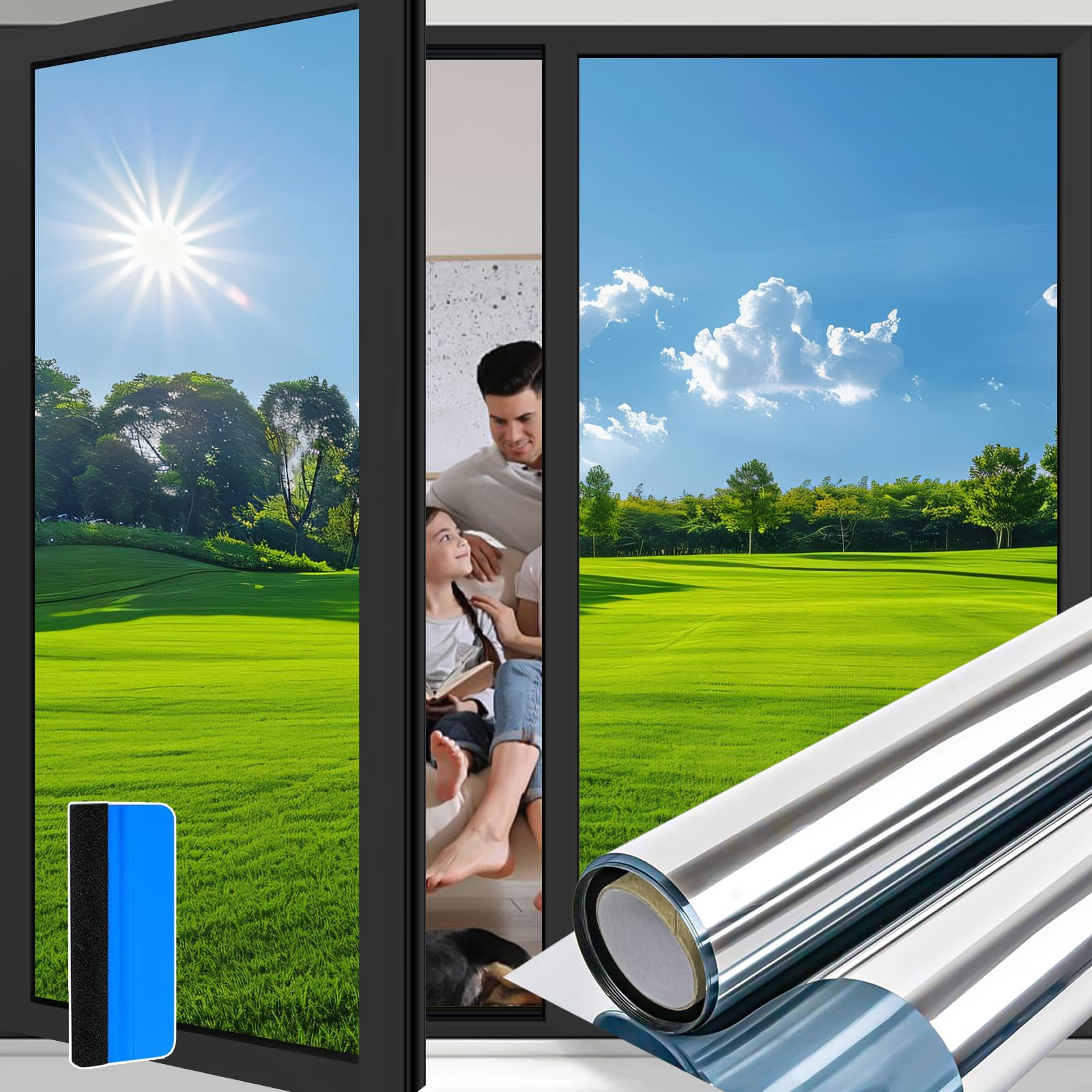 Niviy One Way Mirror Window Film Privacy for Glass Windows, 44.5 x 120 cm, Silver Reflective Privacy Film, Static Cling No Glue, Heat & UV Control, Anti Glare Daytime Window Tint for Home & Office