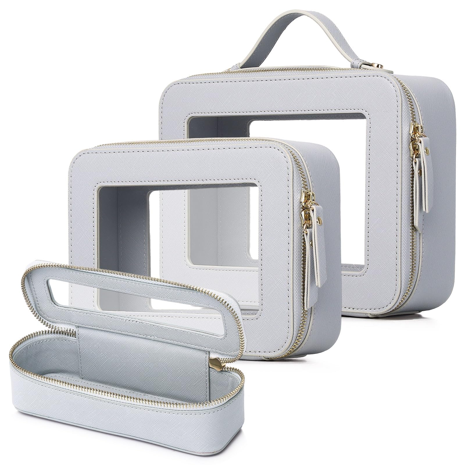 Travel Makeup Set Waterproof Transparent Cosmetic Bag and Toiletry Bag Makeup Brush case with Zipper Car Essentials for Women (Gray, L+M+SLIM)