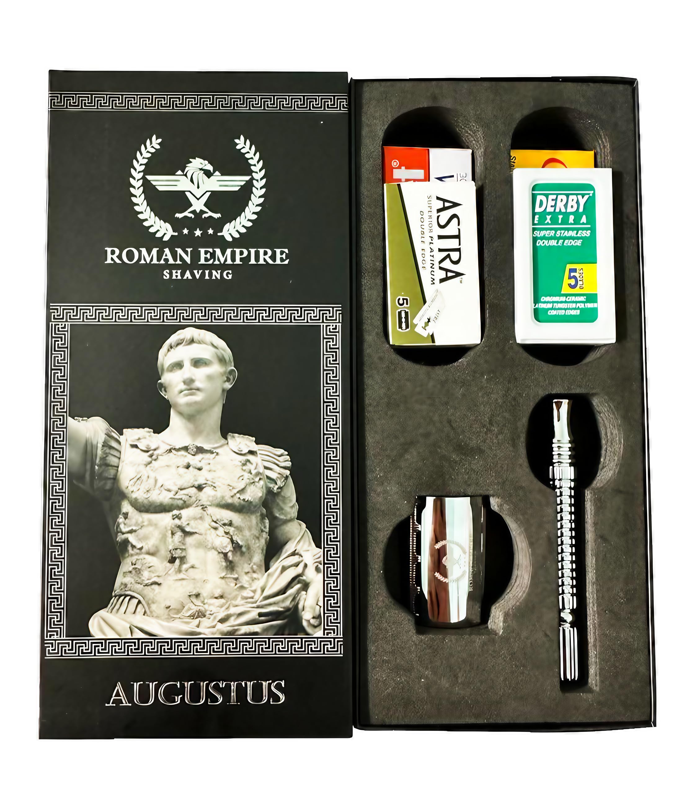 Razor bezpieczeństwa z podwójnym drutem Augustus przez Roman Empire Shaving | Klasyczna maszynka do golenia | Safety Razor | Stalowa maszynka do golenia z zestawem 20 ostrzy do golenia z zestawem 20 ostrzy (Astra-Derby-Shark-Voskhod)
