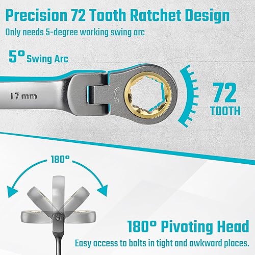 Miniatura 4 de DURATECH Juego de llaves de trinquete antideslizantes de cabeza flexible, juego de llaves combinadas, 12 piezas, 72 dientes, métrico, 0.315-0.748