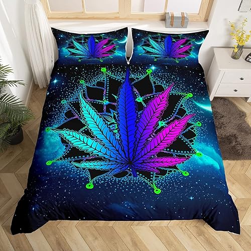 Miniatura 3 de Erosebridal Juego de ropa de cama con diseño de hojas de cannabis, funda de edredón de mandala bohemia, tamaño Queen, juego de funda de edredón de