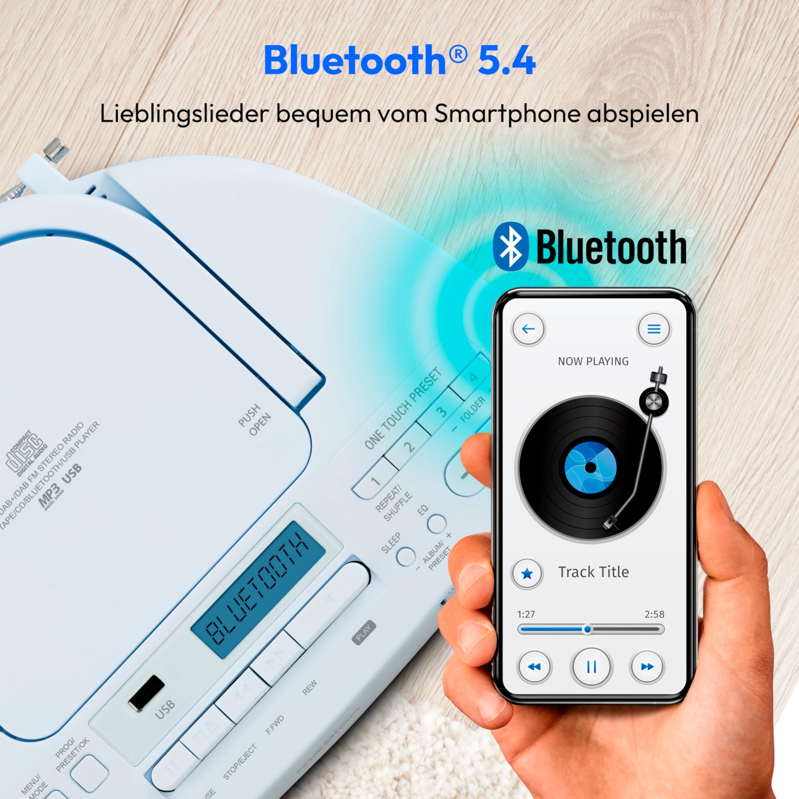 MEDION DRX-1 Plus Boombox (przenośne radio DAB+ FM, Bluetooth, odtwarzacz CD, MP3, kaseta, gniazdo słuchawkowe, system dźwięku stereo, AUX, sieć i bateria) niebieski