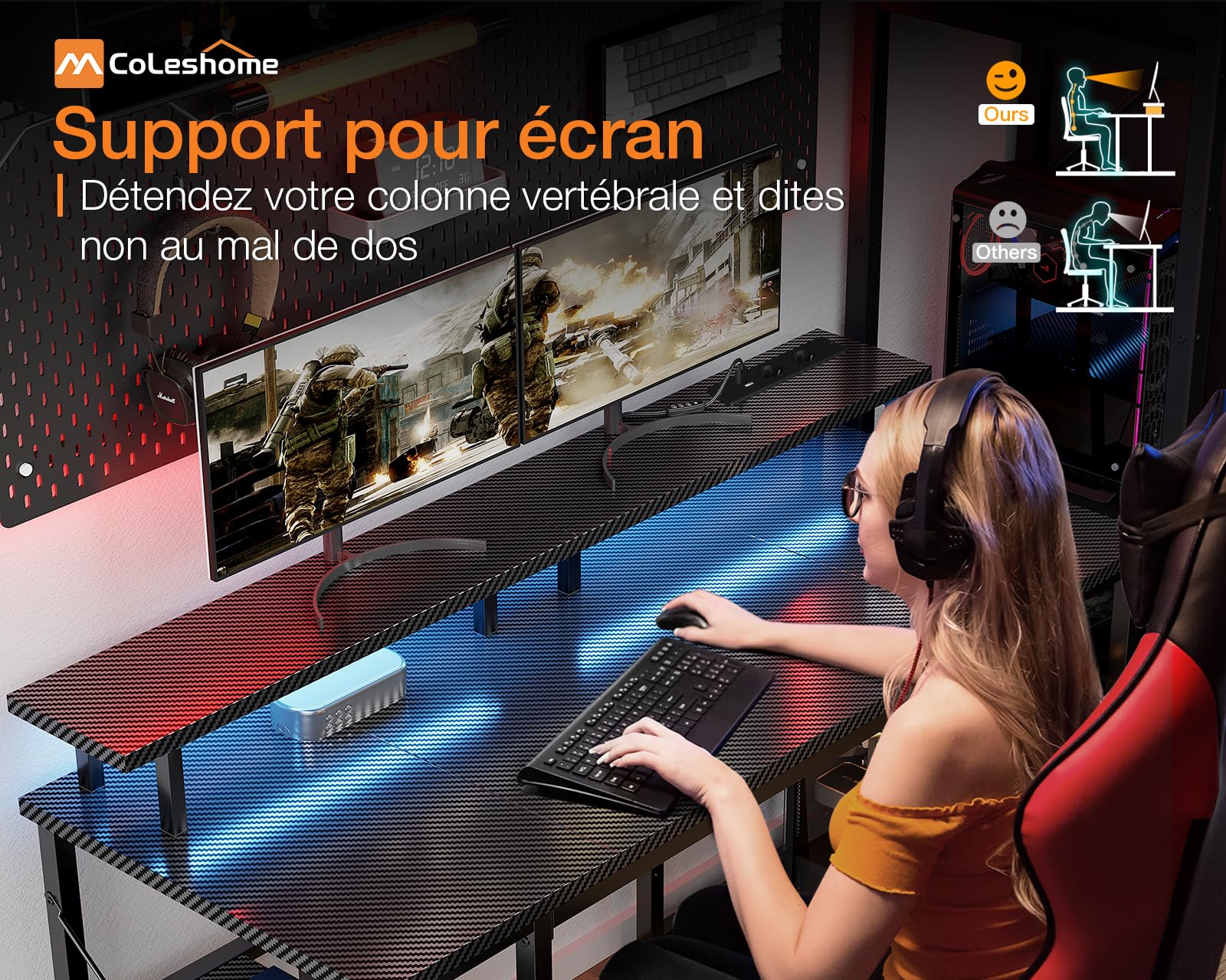 Coleshome Bureau Gaming avec éclairage LED, 120x50cm Bureau Ordinateur avec 2 Prises électriques & 2 Ports USB, Bureaux Informatique avec Support d'écran, Petit Bureaux à Domicile, Noir Carbone