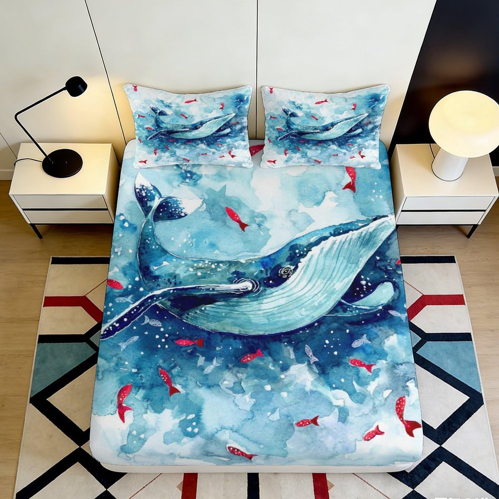 Jqzkxnhpbr Style-4 3D Printed Ocean Whale Fitted Sheet Microfiber Soft Blue Marine Red Fish Mattress Cover Bedroom Dorm Decor 90X200x25cm