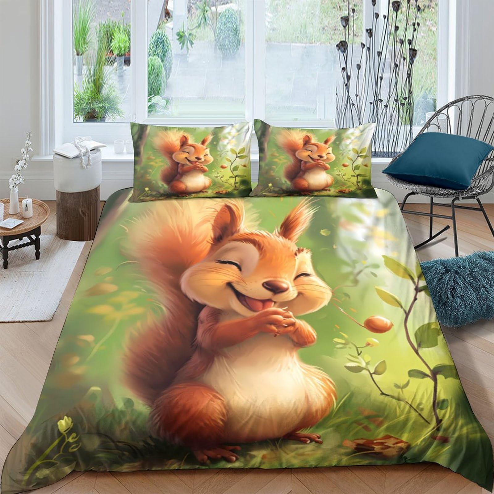 Ctjqhvkz Style-8 3D Printed Cartoon Squirrel Fitted Sheet Microfiber Soft Green Forest Bed Cover Non-Slip Bedroom Dorm Mattress Protector Single（135X200cm）