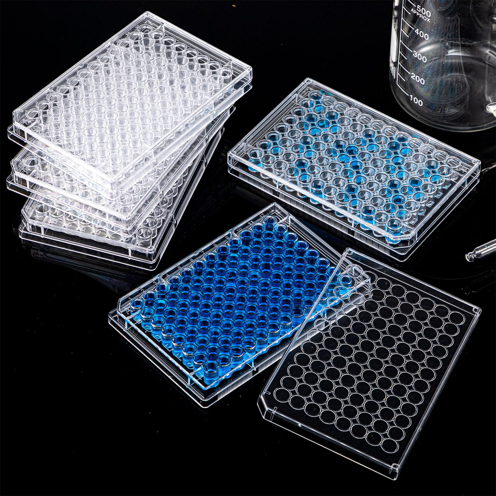 Weysat Lot de 20 assiettes de culture tissulaire à 96 puits avec couvercle, fond plat, matériau en polystyrène transparent, 12 x 8,5 x 1,6 cm, adaptées pour le laboratoire et l'enseignement
