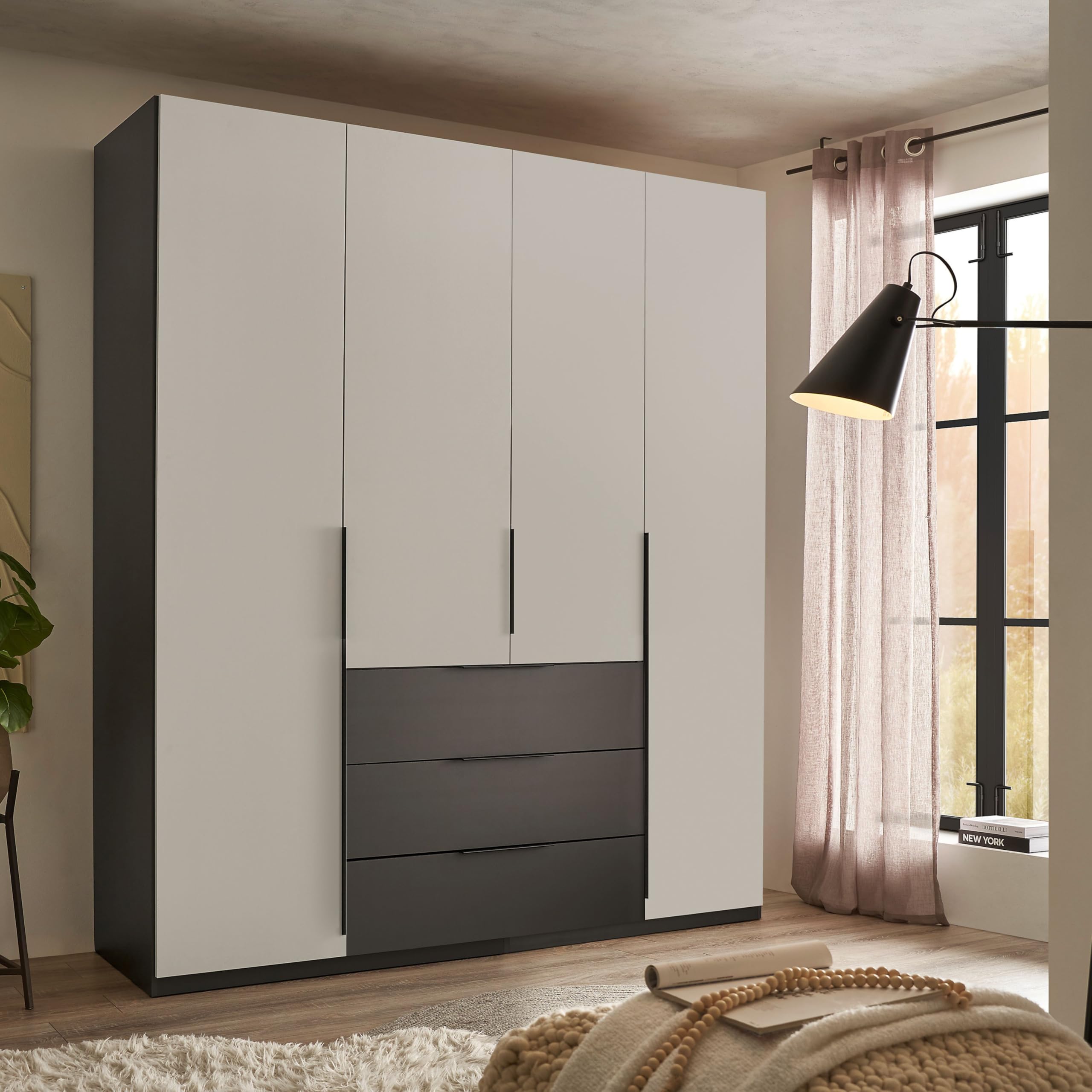 Stella Trading Nuka 4-türiger Kleiderschrank In Hellgrau/Graphit – Großzügiger Drehtürenschrank Fürs Schlafzimmer, 201x226x60 Cm