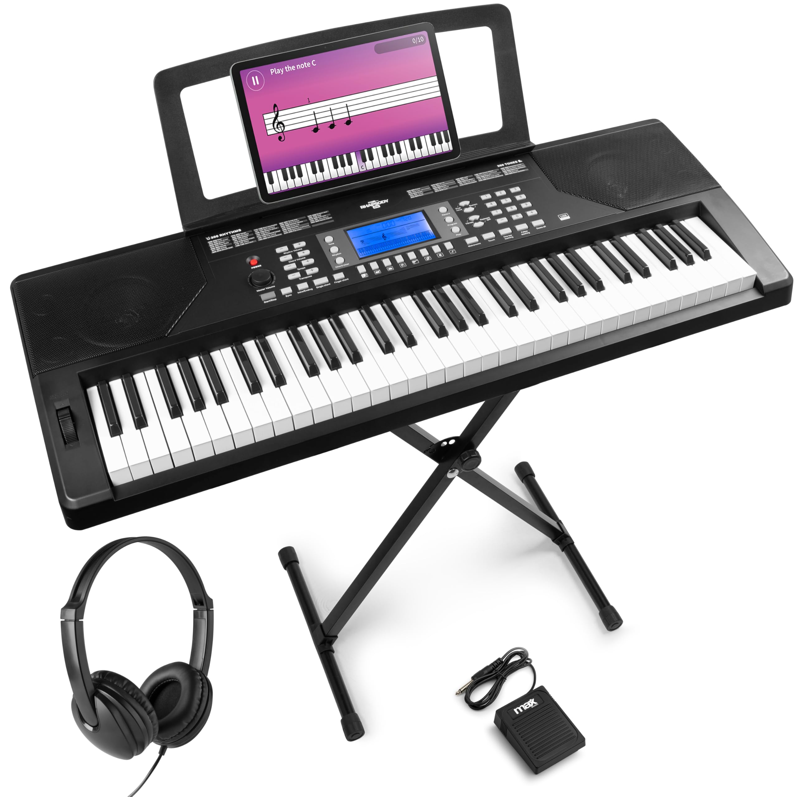 MAX Rhapsody61P - MIDI Keyboard Piano mit 61 Tasten und Pitch-Wheel, Keyboard mit Ständer, Kopfhörer & Sustain Paddle, Anschlagdynamik, LCD Display, Lern-Funktion, 8h Akku, 40 Demosongs, 300 Sounds