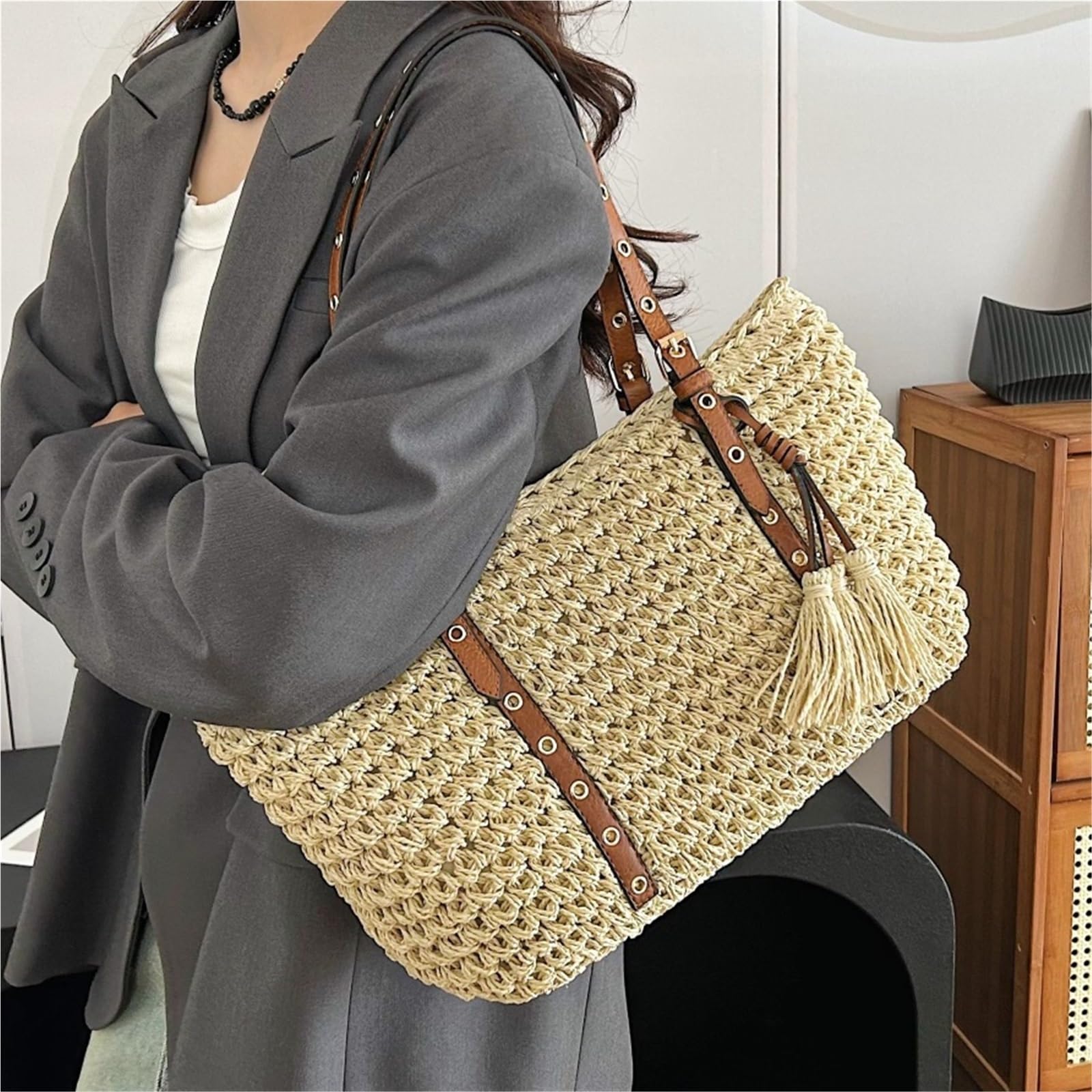 bolso mujer verano Bolsos de mano playa paja for mujer, bolso rafia trenzado for vacaciones, compras hombro Retro