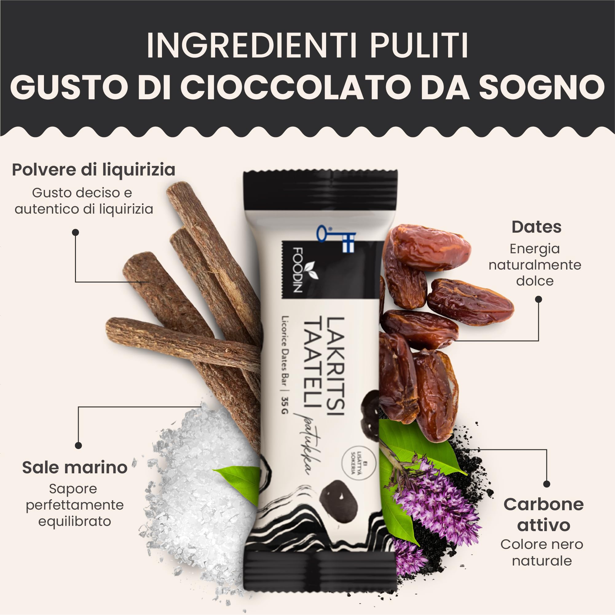 FOODIN Barretta Datteri alla Liquirizia – Snack Vegano Senza Zuccheri Aggiunti, Senza Glutine, Naturale e Ricca di Fibre (18 x 35 g)