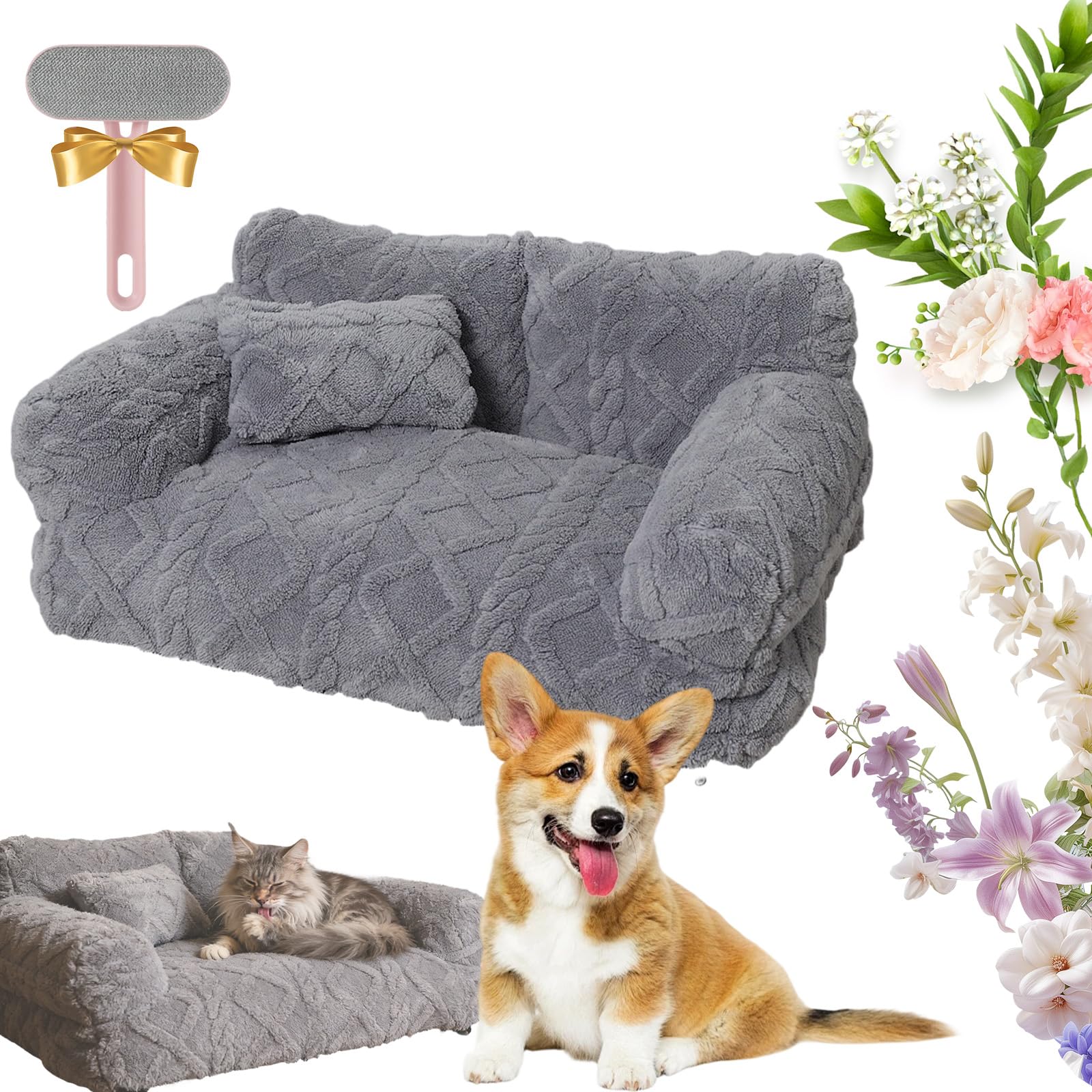 2026 New Plush Calming Pet Sofa Bed, Plush Calming Pet Sofa Bed With Removable Cover, Washable Orthopedic Dog Bed With Edge, Increases Deep Sleep, Reduces Separation Anxiety (LightGray,80*50cm)