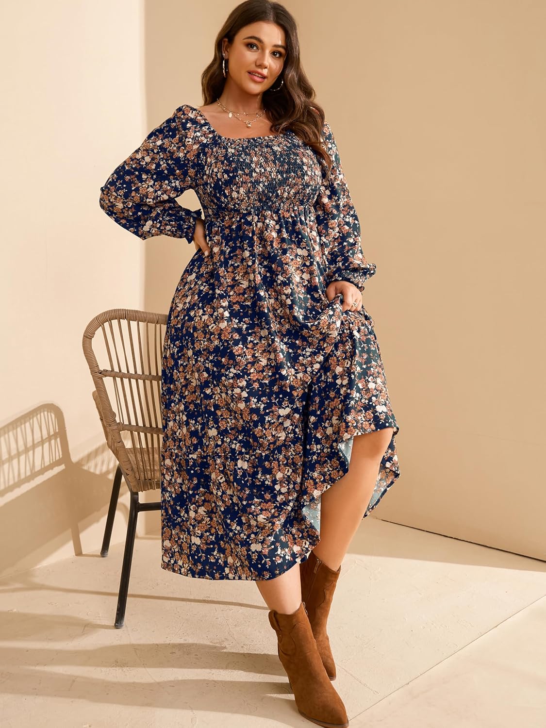 RWJ Women's Plus Size Fall Dress Long Sleeve Square Neck Floral Print Smocked A Line Boho Flowy Maxi Dresses with Pockets - Image 5