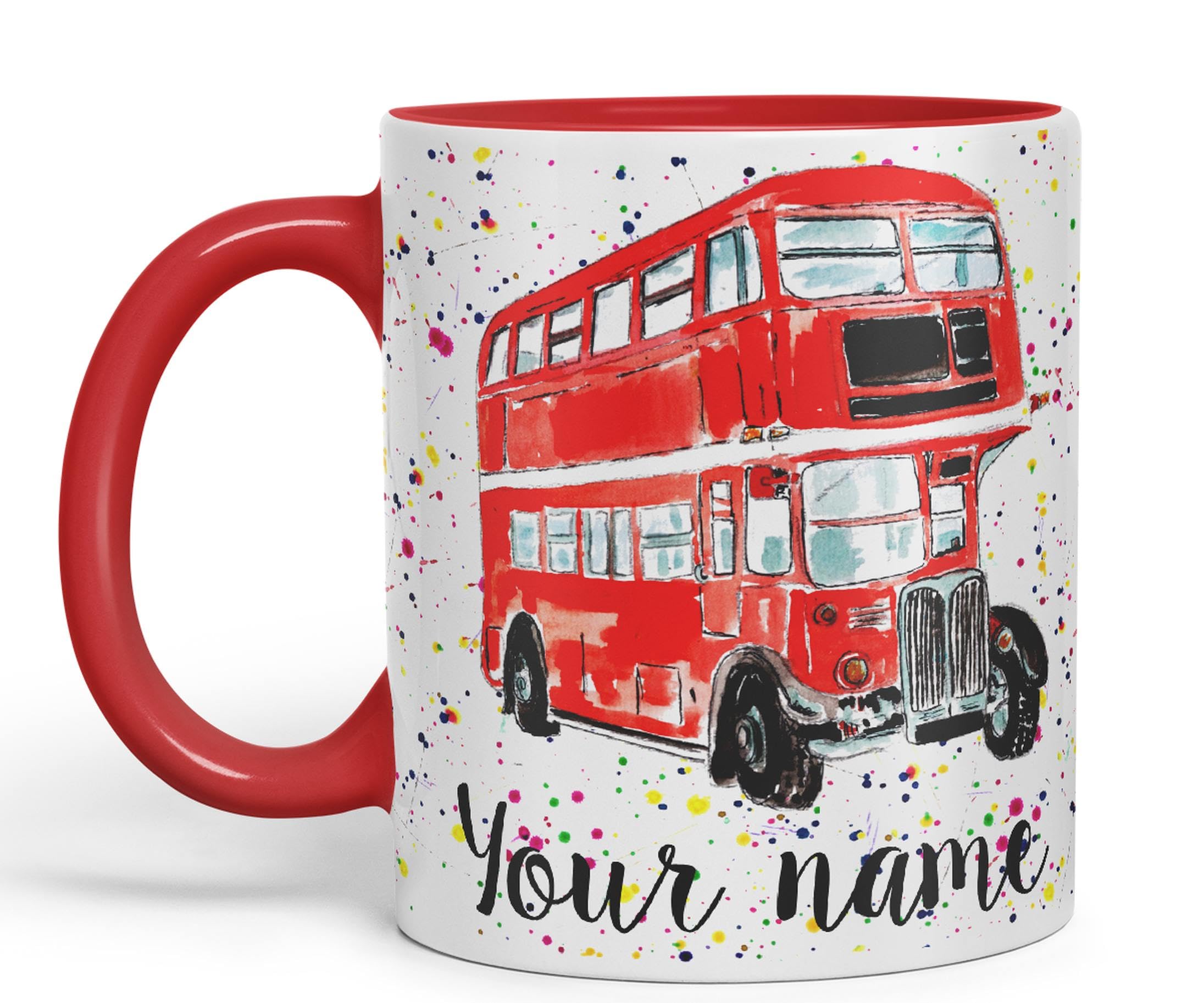 VixarPersonalised with Your Text Red Bus Classic London Busses Watercolour Art Coloured Ceramic Mug Cup Gift 330ml 11oz Custom Work Office Tea Coffe (Red)