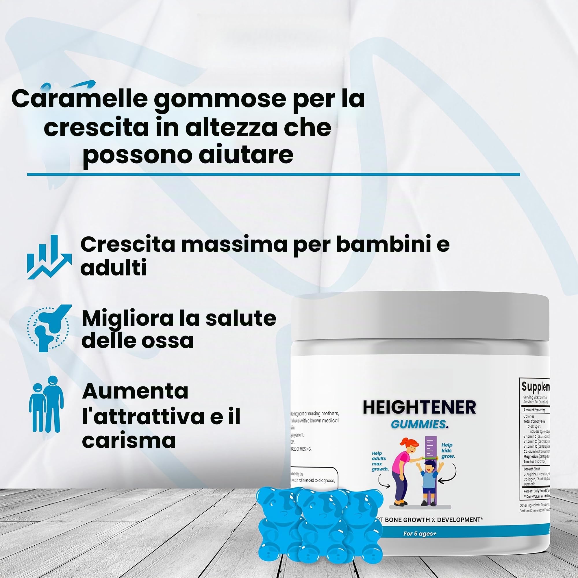 Gomme per la crescita naturale, integratore per il supporto dell'altezza con L-arginina, calcio e zinco, vitamine per la forza ossea per bambini, adolescenti e adulti, 60 unità