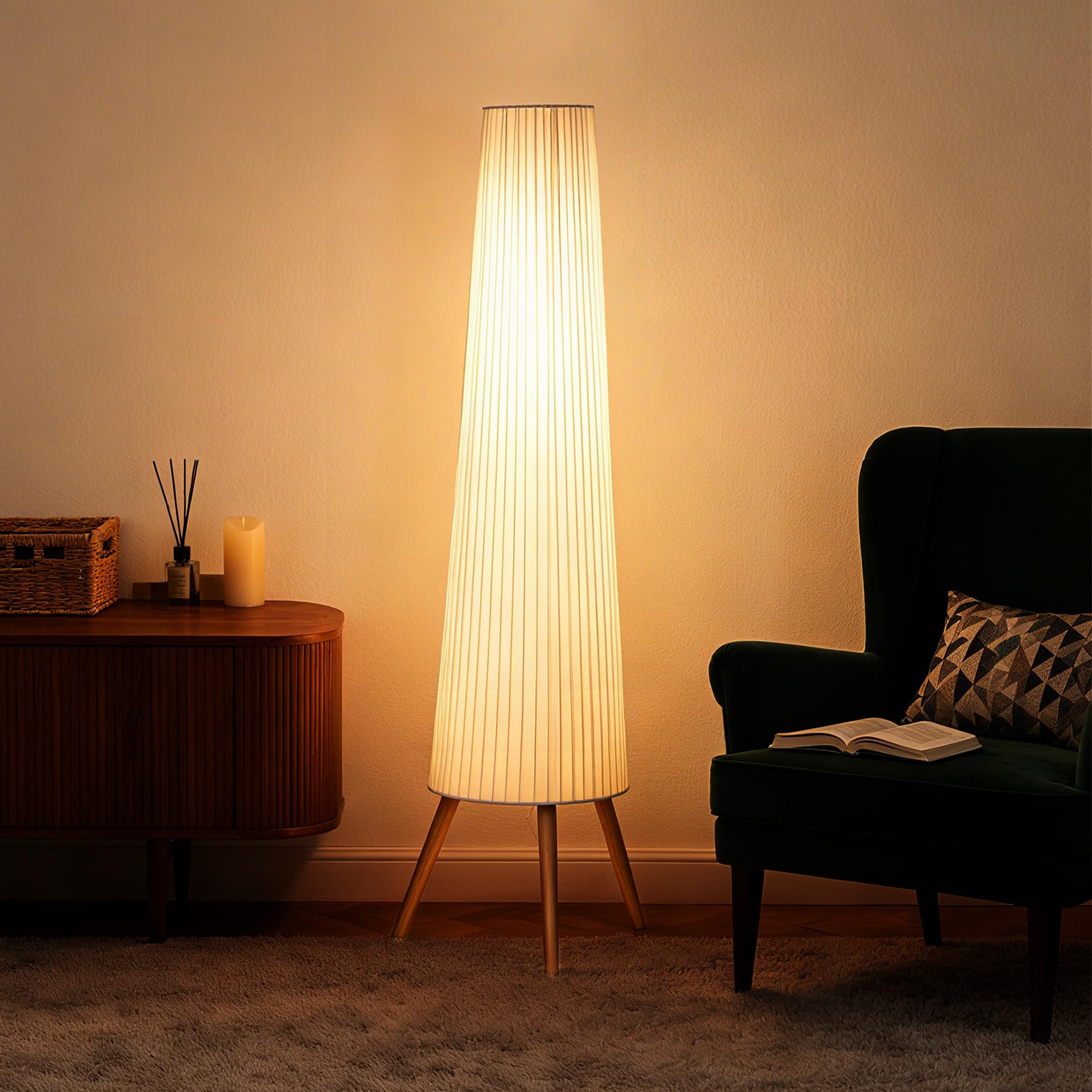 HOMCOM Lampada da Terra Treppiede con Interruttore a Pedale, Lampada a Pavimento con Luminosità Regolabile, Paralume in Tessuto e Gambe in Legno, per Salotto e Soggiorno, 46x46x153 cm, Bianco