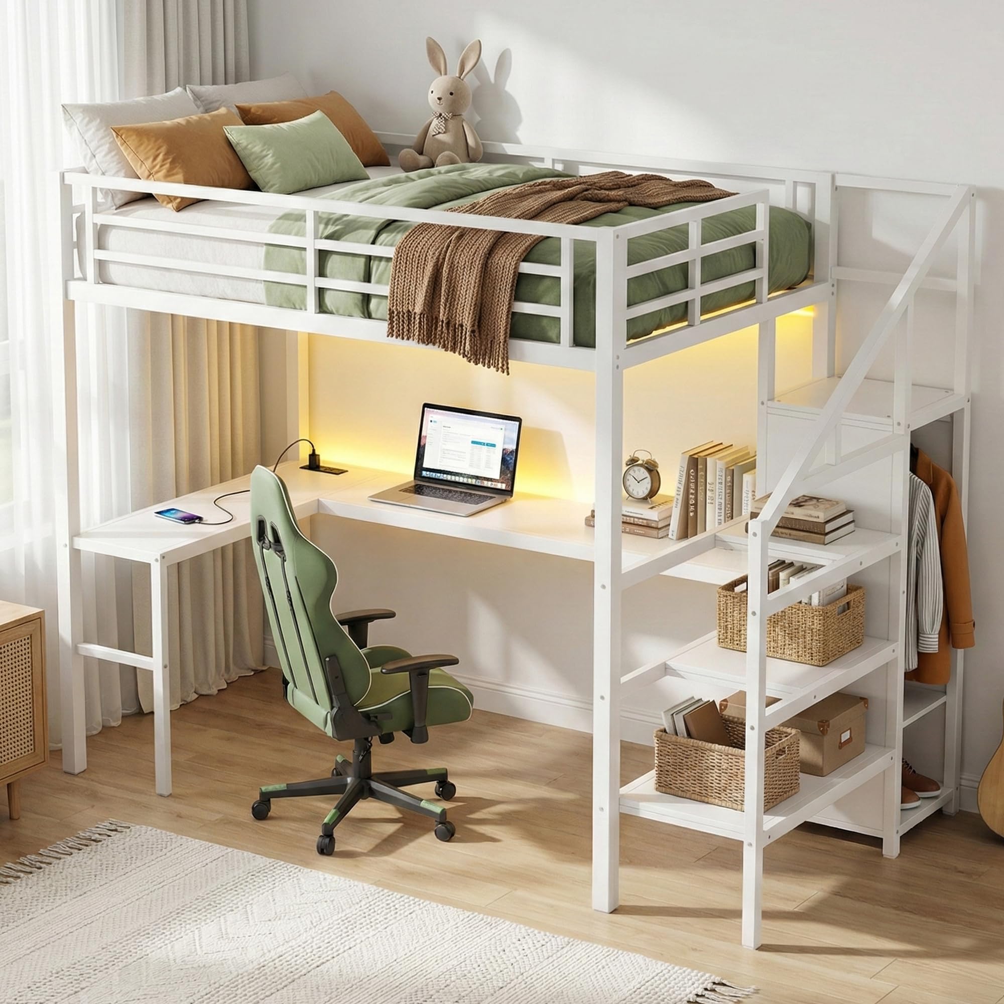 MAKIAAP Full Size Loft Bed with L Shaped Desk and Wardrobe