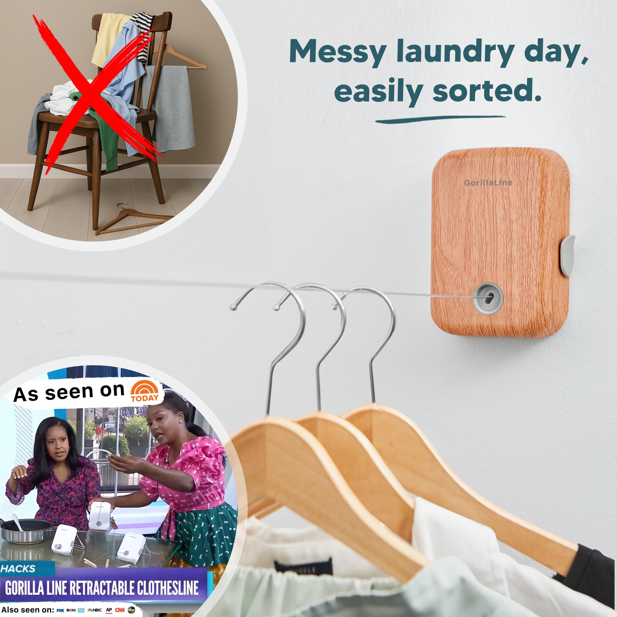 Corde à linge rétractable pour intérieur ou extérieur - Couleur bois GorillaLine