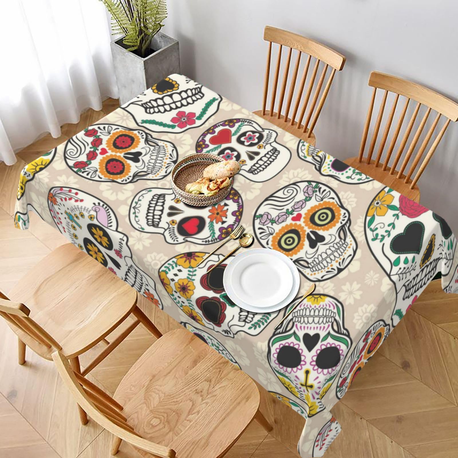 BNVSADC Mexican Skull Printed Rectangle Tablecloth 228x152 CM, Water Resistant Polyester Table Cloth Decorative Fabric Table Covers for Kitchen Dining Table Parties Camping