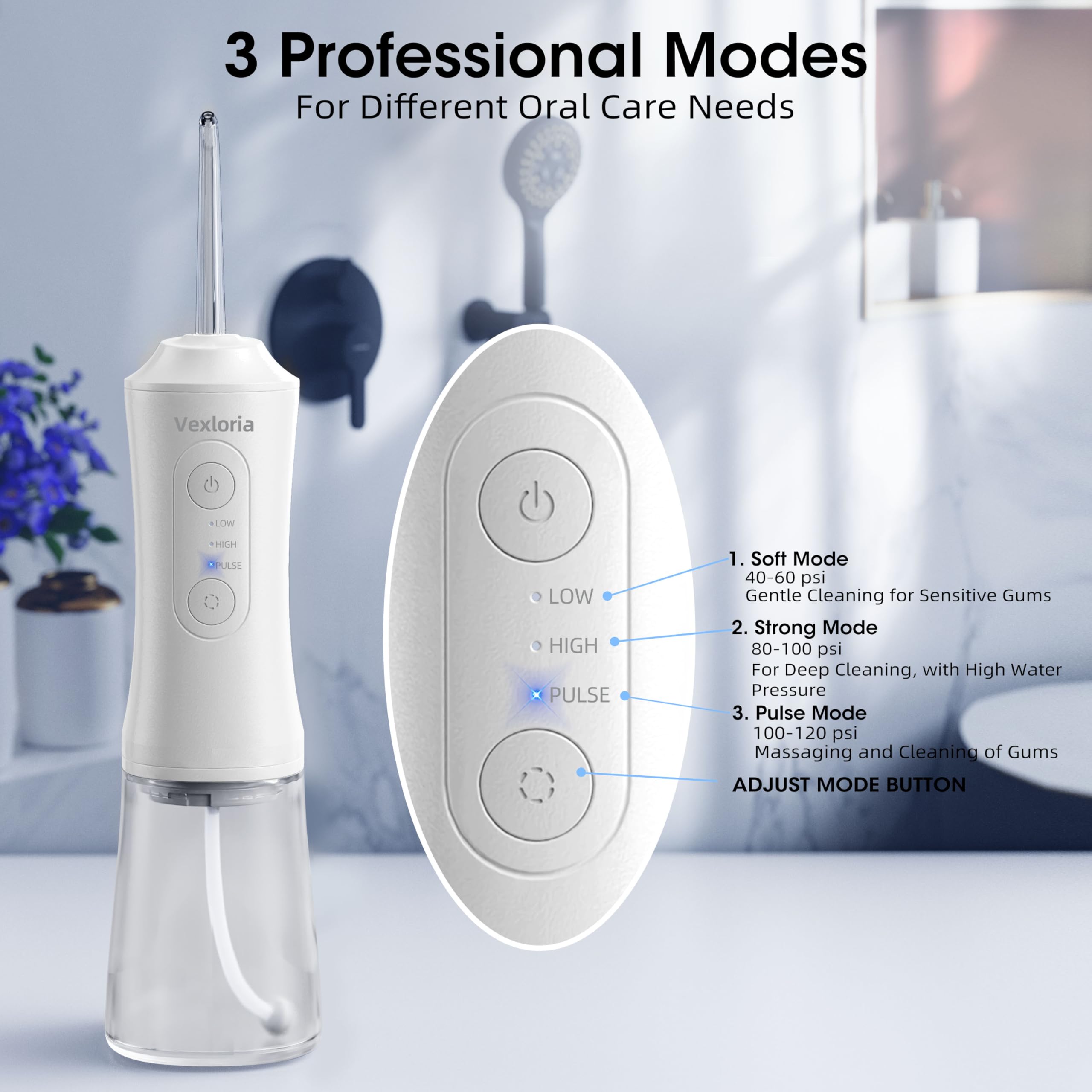 Vexloria Munddusche Kabellos, Elektrische Zahnreiniger Tragbar IPX7 Water Flosser 3 Modi & 4 Düsen, 300ML Zahndusche Oral Munddusche Testsieger für Entfernt Speisereste und Reinigt Die Zähne (Weiß)