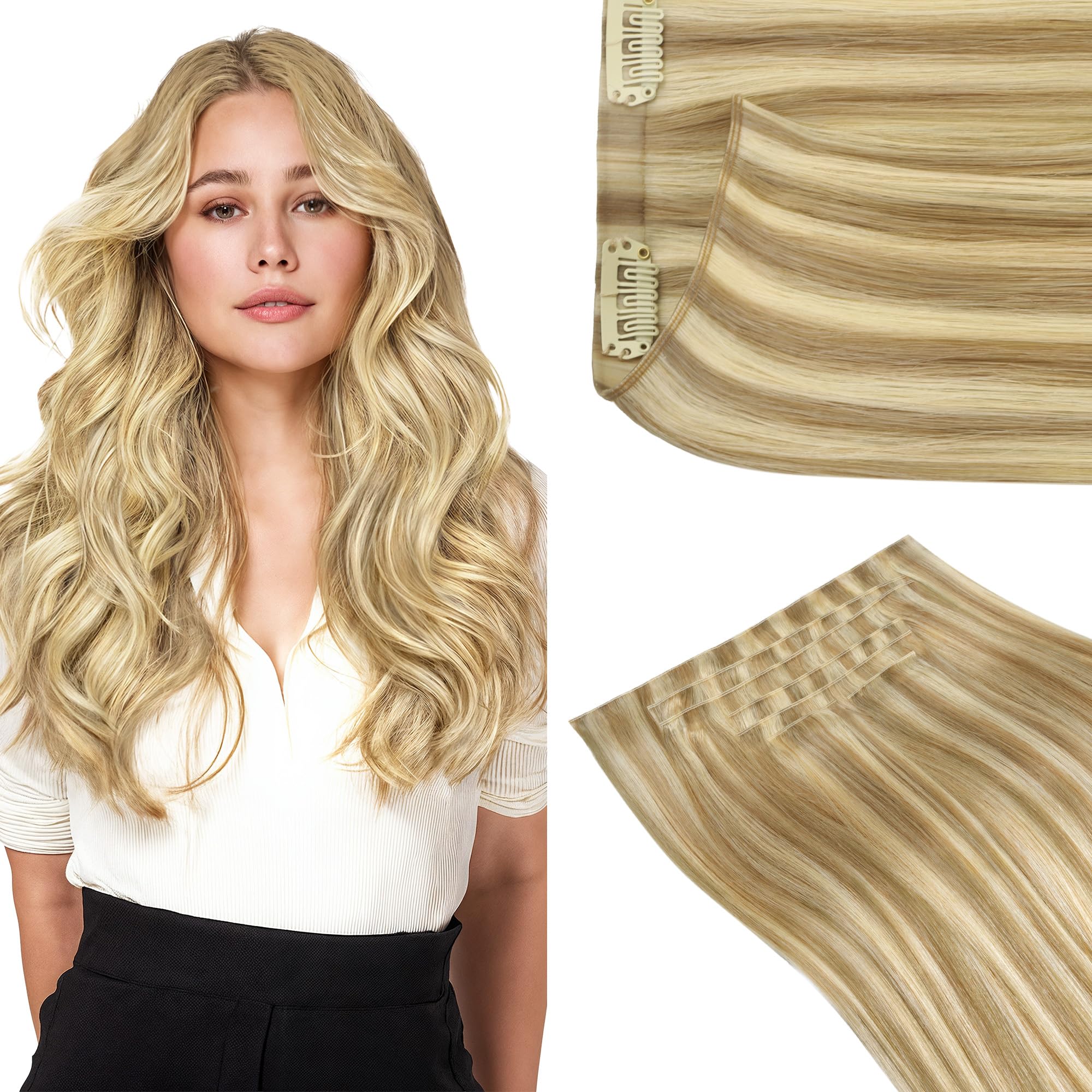 Photo 1 of GOO GOO Genius Clip in Hair Extensions, 16inch 140g 7pcs, Seamless PU Clip in Hair Extensions, Straight Virgin Real Human Hair, 16/22A Light Blonde Highlighted Golden Blonde