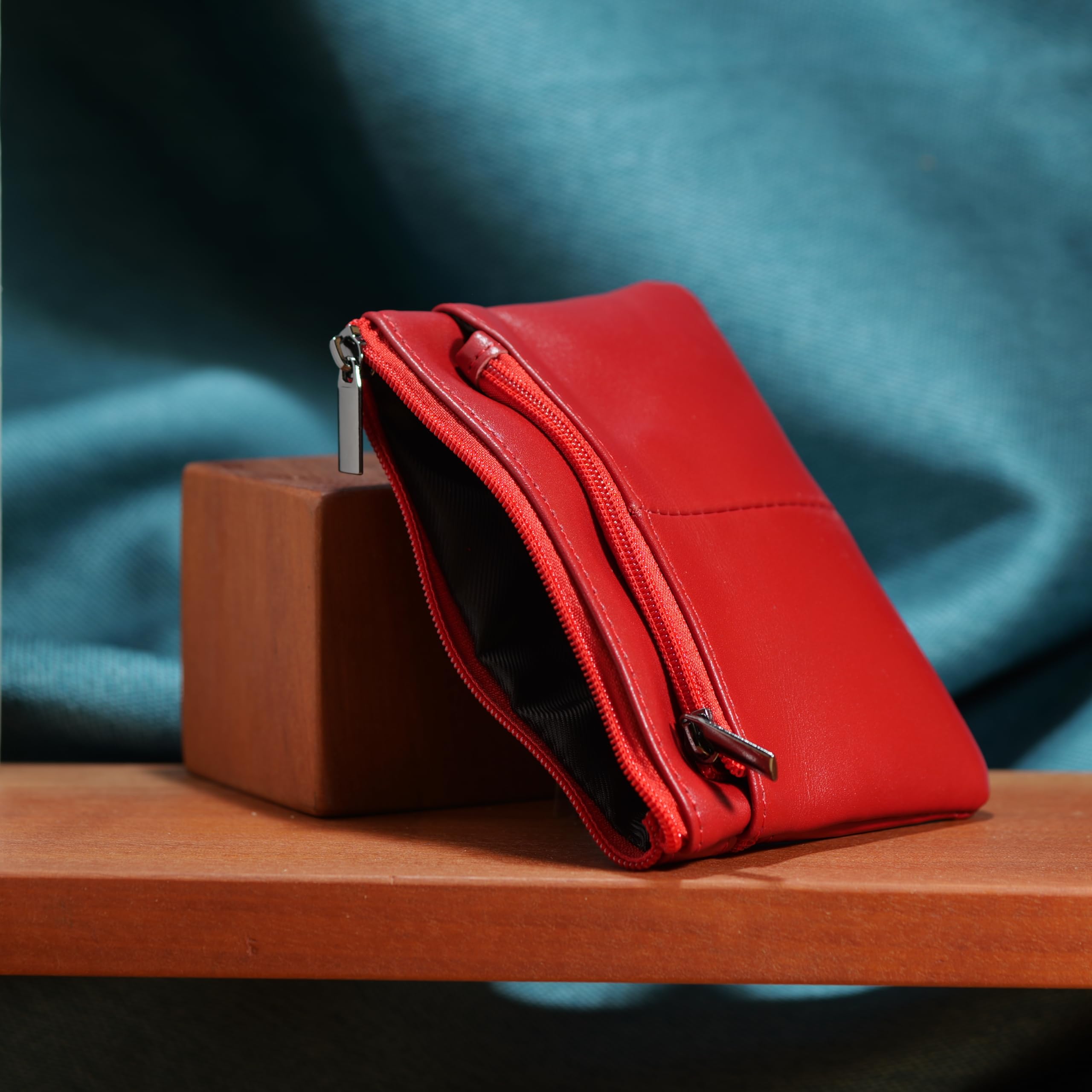 BAWAKO Portamonete in vera pelle, tre scomparti, chiusura con cerniera, adatto per carte e monete, con portachiavi mini portafoglio, universale(Rosso)