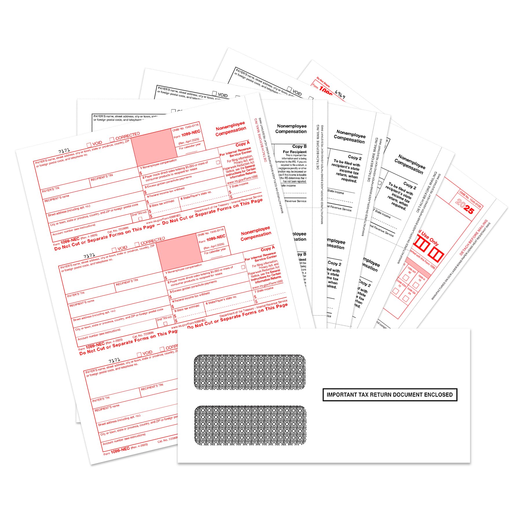 1099 NEC Forms 2025, 4 Part Tax Forms Kit, 25 Vendor Kit of Laser Forms Designed for QuickBooks and Accounting Software, 25 Self Seal Envelopes