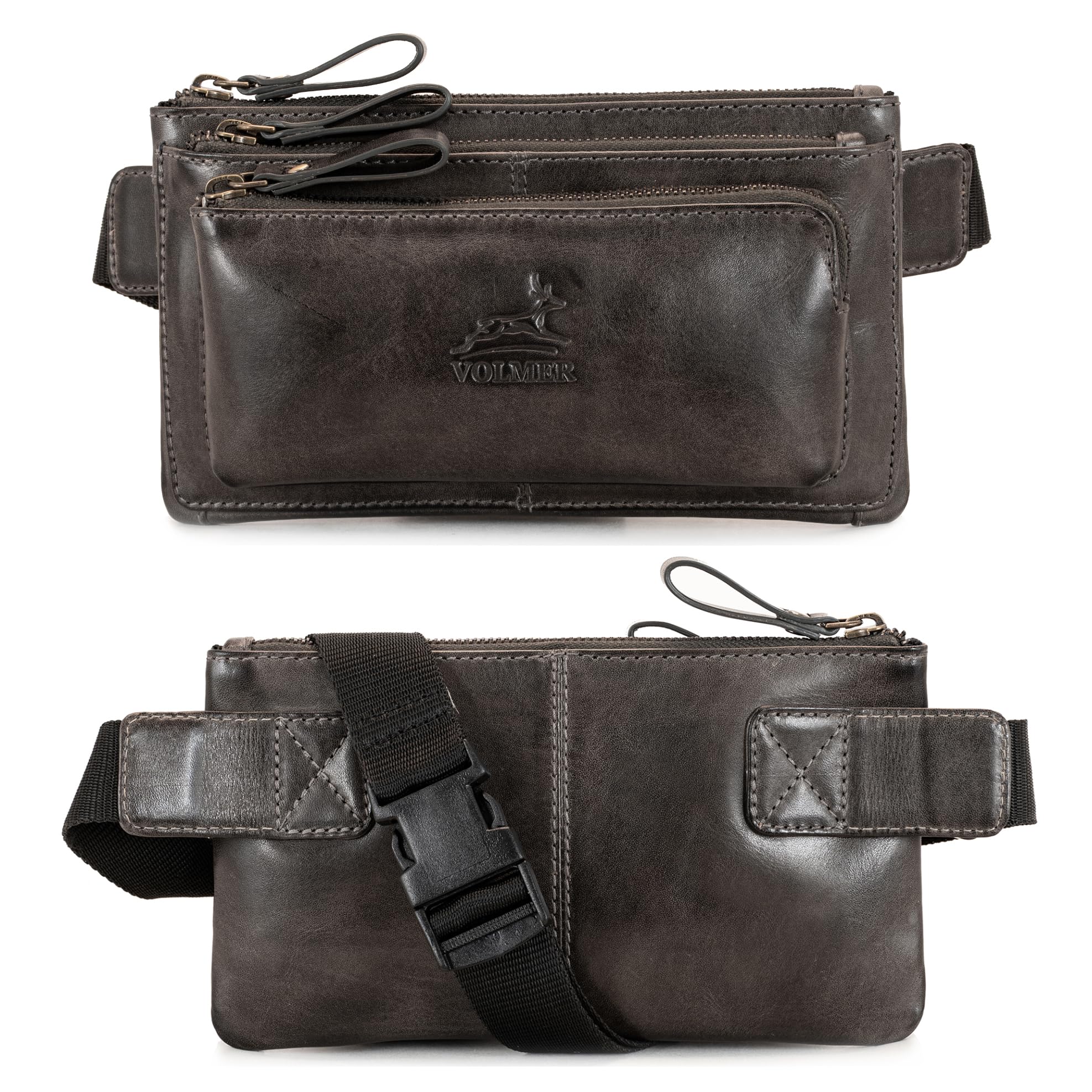 Fa.Volmer ® Riñonera de Cuero Auténtico para Hombre y Mujer | Negro o Marrón | Correa Ajustable Hasta 118 cm, Basalto Gris Cuero Liso
