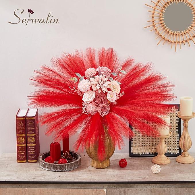 DIY Home Aesthetic: 60pcs Red Faux Pampas Grass