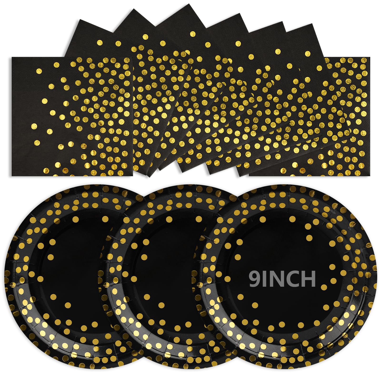 50Pcs Black and Gold Paper Plates, Disposable Party Plates and Napkins, 9 Inch Strong Paper Plate, Party Tableware Set for Birthday Bridal Shower Wedding Table Decorations
