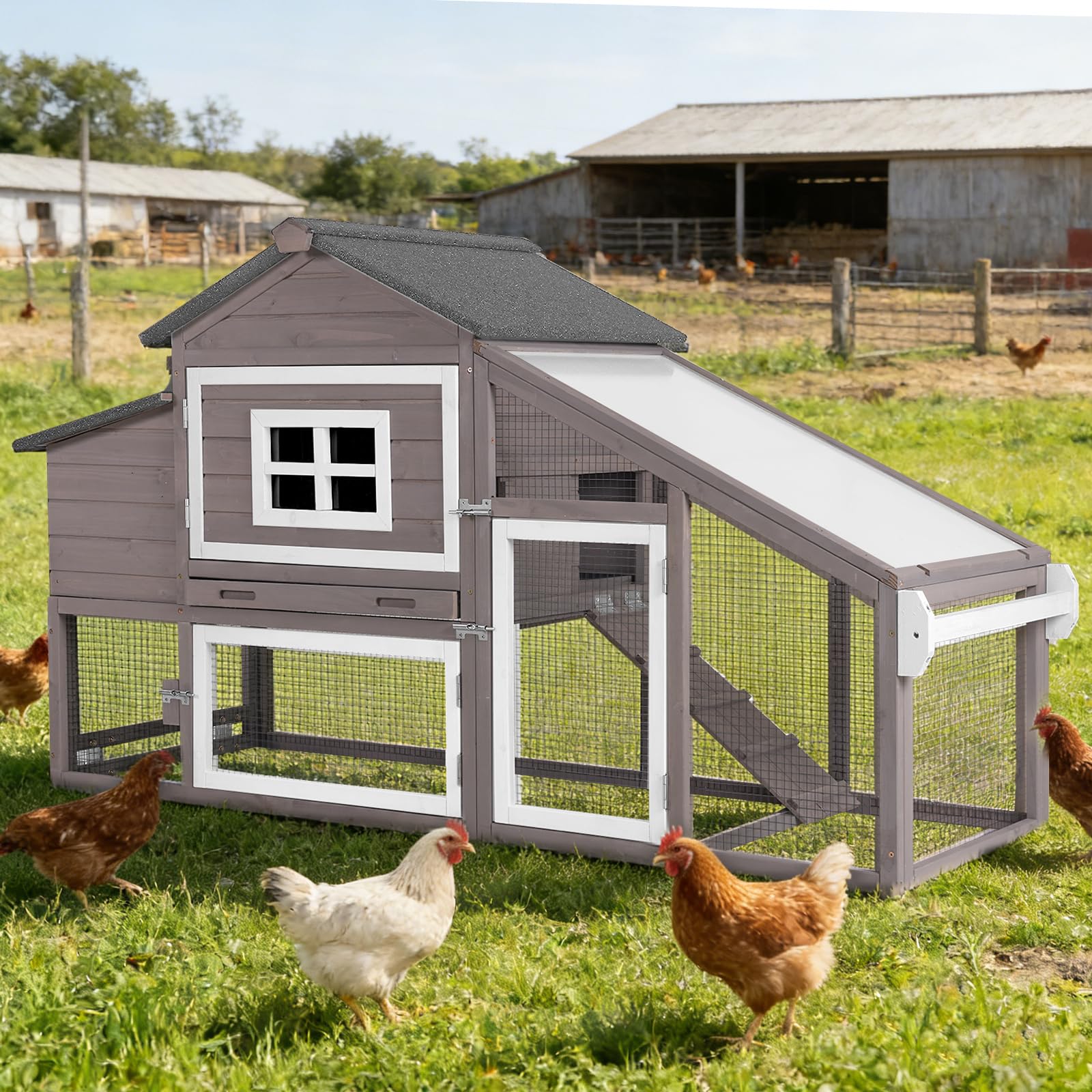 Wooden Chicken Coop with Run, Mobile Chicken House with Wheels, Outdoor Hen Poultry Cage with Leak-Proof Tray and Nesting Box, Lager Chicken Coops with UV-Resistant Roof for 2-3 Chickens (Brown
