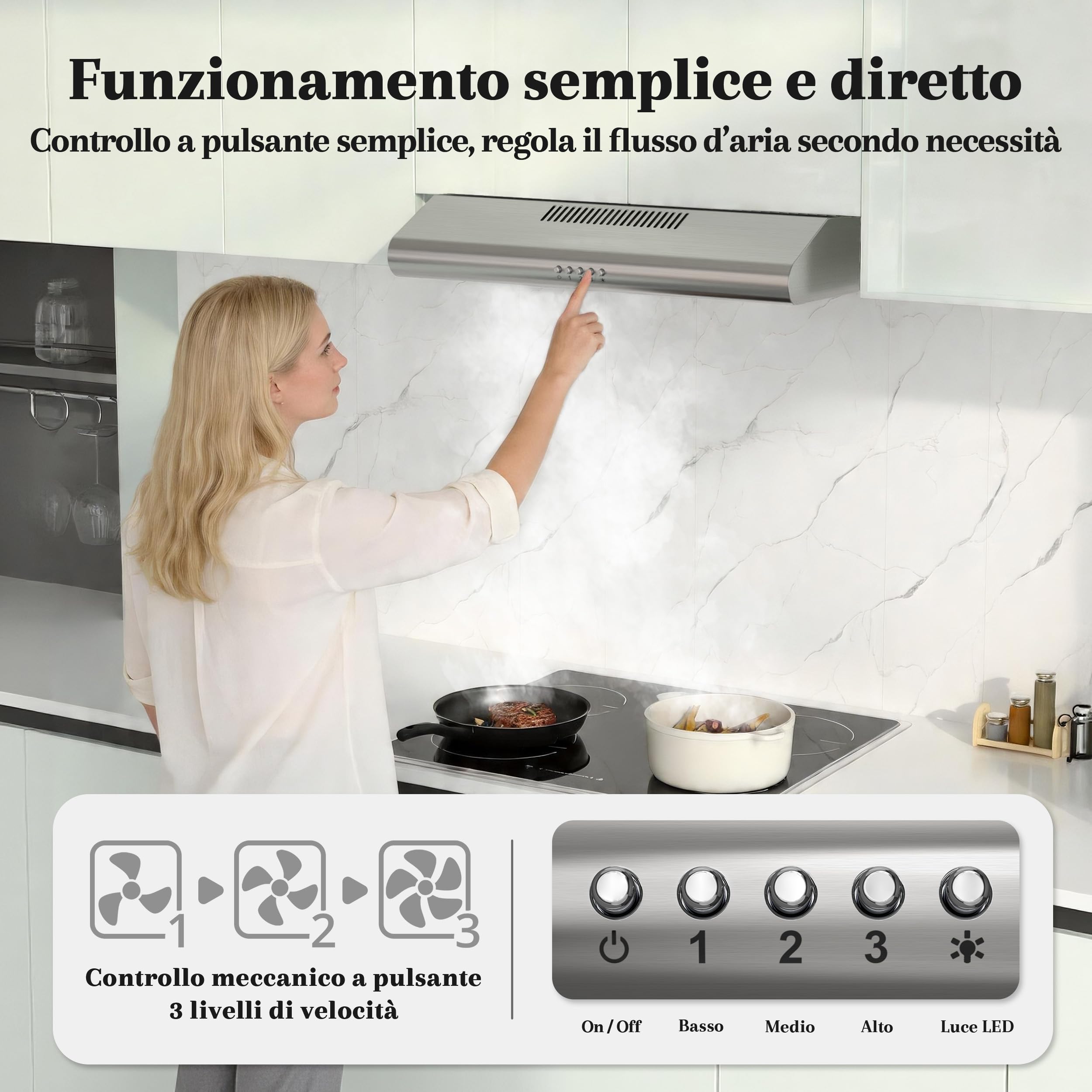 FIREGAS Cappa Aspirante 60 cm in Acciaio Inox, Classe A++ con Motore Brushless, 319m³/h, Ultra Silenziosa 46dB, Scarico Superiore/Posteriore o Ricircolo, 2 Filtri a Carbone Inclusi, LED 2W