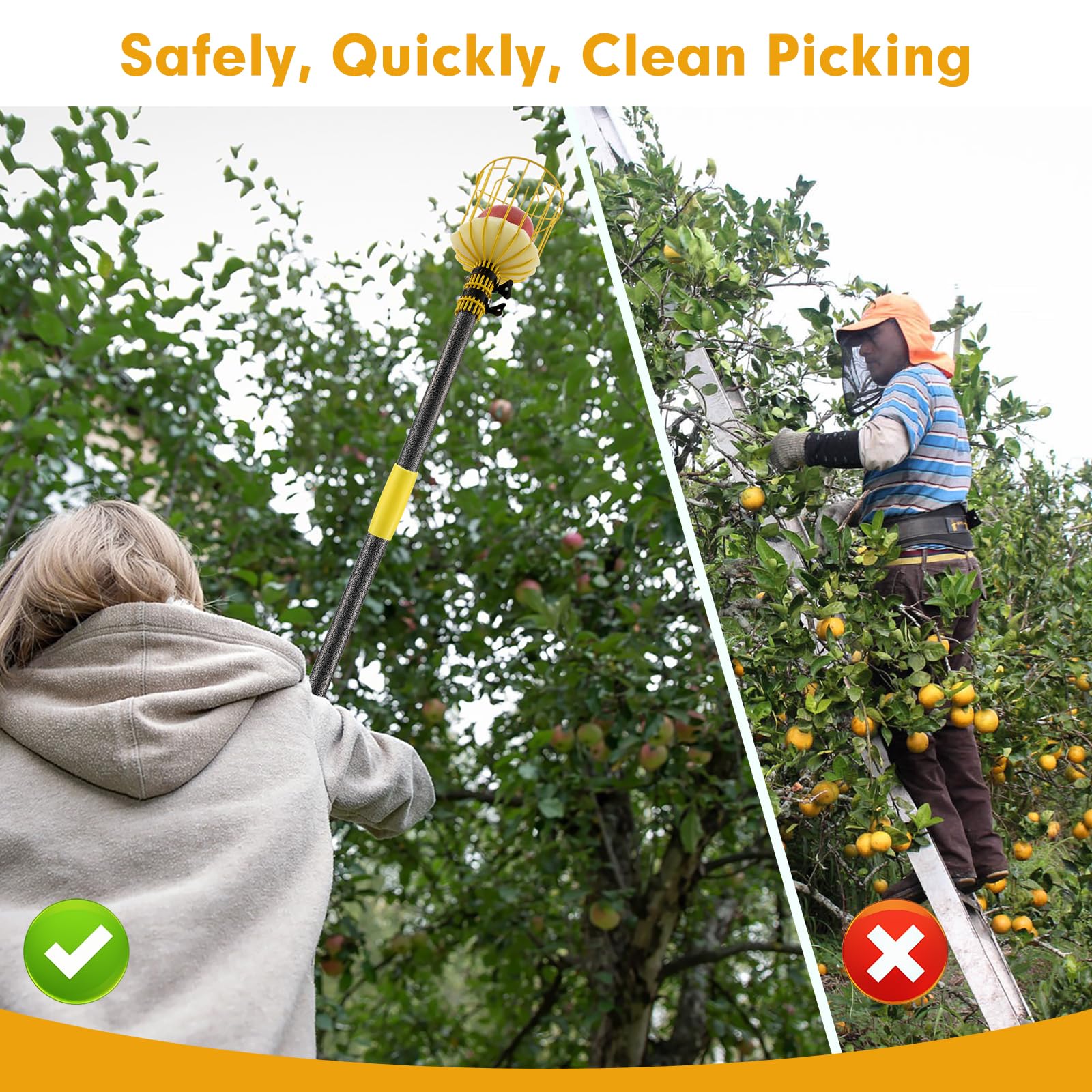 Raccogli Frutta con Palo -305 cm - Raccolta Frutta, Raccoglifrutta Regolabile in Altezza, Strumento per Raccolta Frutta ad alte Prestazioni, con Cesto di Frutta