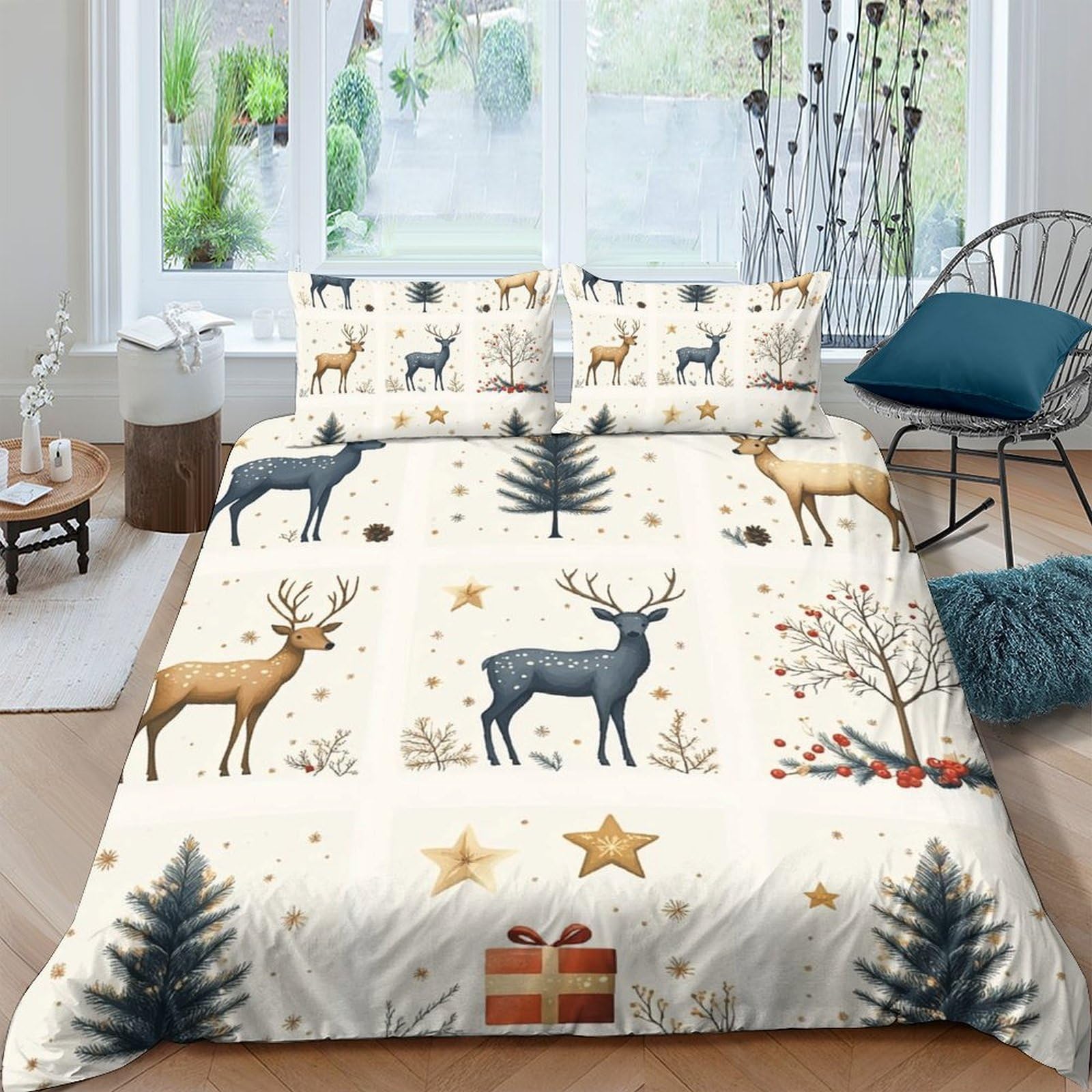 Ctjqhvkz Style-1 3D Printed Reindeer Forest Fitted Sheet Microfiber Soft Christmas Tree Bed Cover For Bedroom Guest Room Decor Single（135X200cm）