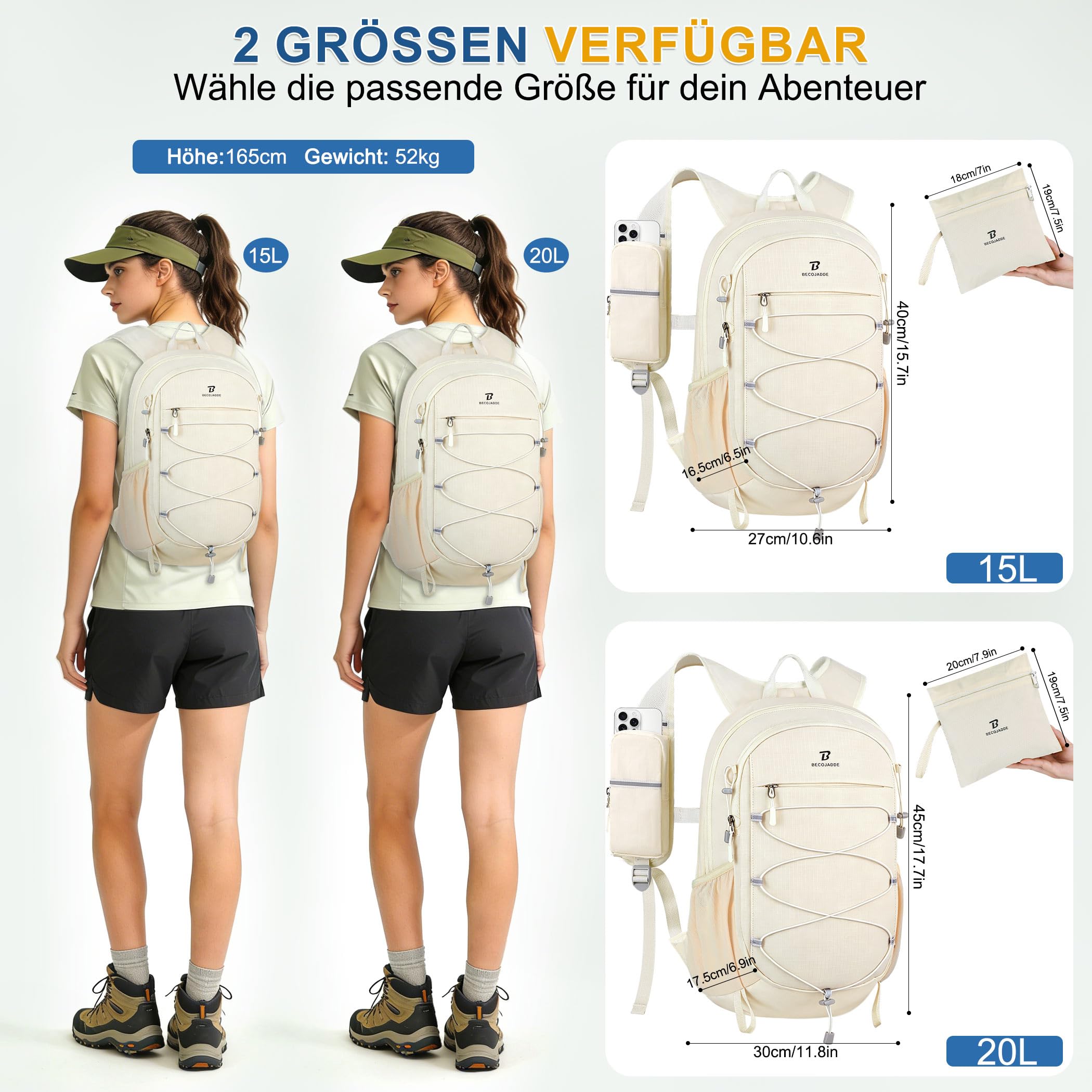 BECOJADDE 15L Kleiner Wanderrucksack Tagesrucksack Herren Damen Leichter Faltbarer Rucksack mit Brustgurt und Rückenbelüftung für Wandern Daypack Travel Rad und Ausflug, Beige