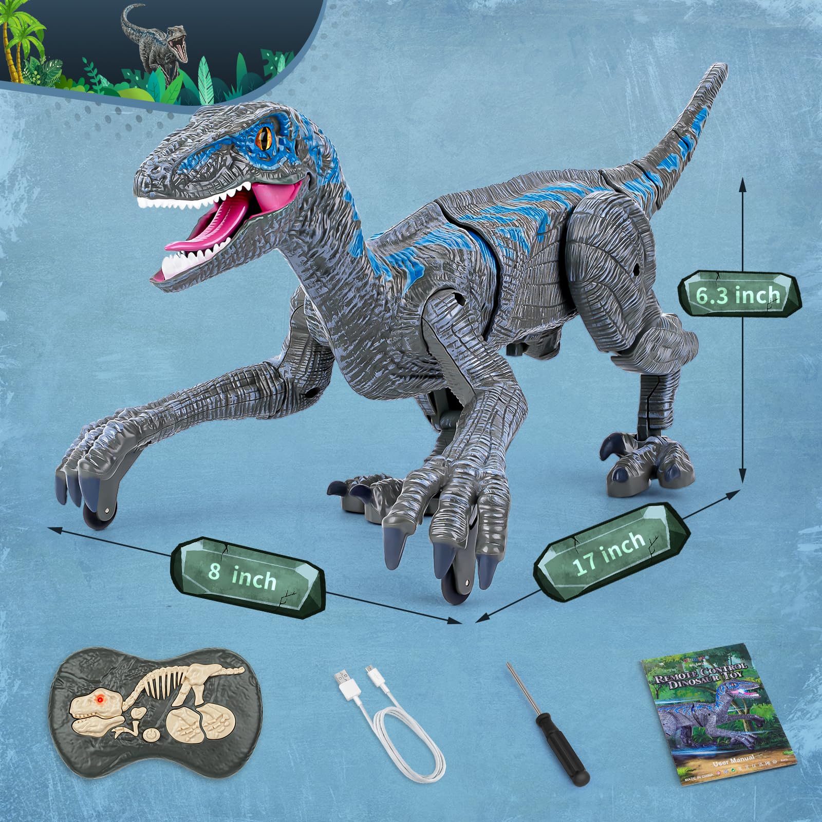 Kizmyee – Dinosaure Vélociraptor Télécommandé – Marche, Rugissement, Yeux LED, Queue Qui Remue – Batterie 1200 MAh, USB – Dès 3 Ans