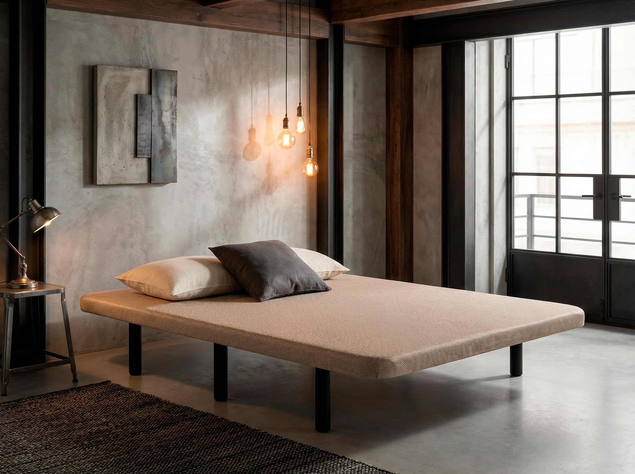 Base tapizada 200 x 200 cm (Dúo) Beige - Patas 30 cm - Tejido 3D Antideslizante - Estructura Resistente - 100% Transpirable - Compatible con Cualquier colchón