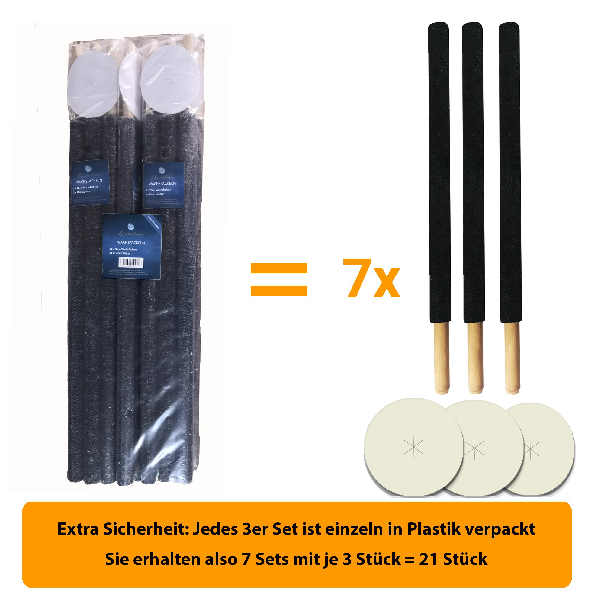 Antorchas (21 x 80 min) de Cera, Incluye protección para Las Manos, con Mango extralargo, antorchas Infantiles Divertidas para Senderismo Nocturno