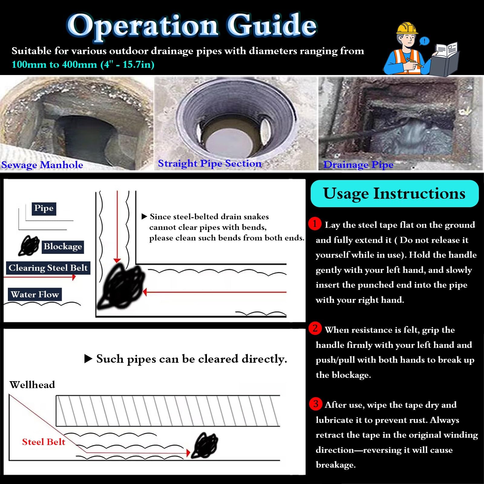 Heavy Du Drain Aur - Strumento di rimozione degli intasamenti per impianti idraulici esterni, pulitore manuale per tubi con impugnatura regolabile (diametro 2,5 cm, lunghezza 23 m)