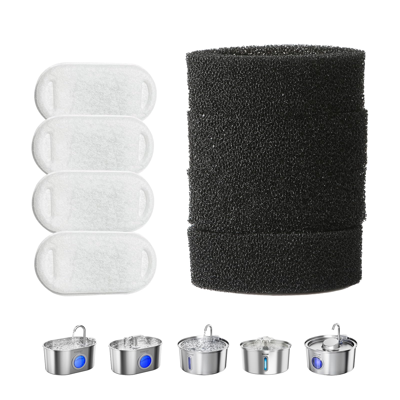 Invengo Katzenwasserbrunnenfilter, 4 Filter + 4 Schwämme, Ersatz für Haustier-Wasserbrunnen, PP-Baumwolle und Kokosnussschalen-Aktivkohle für Katzenwasserspender