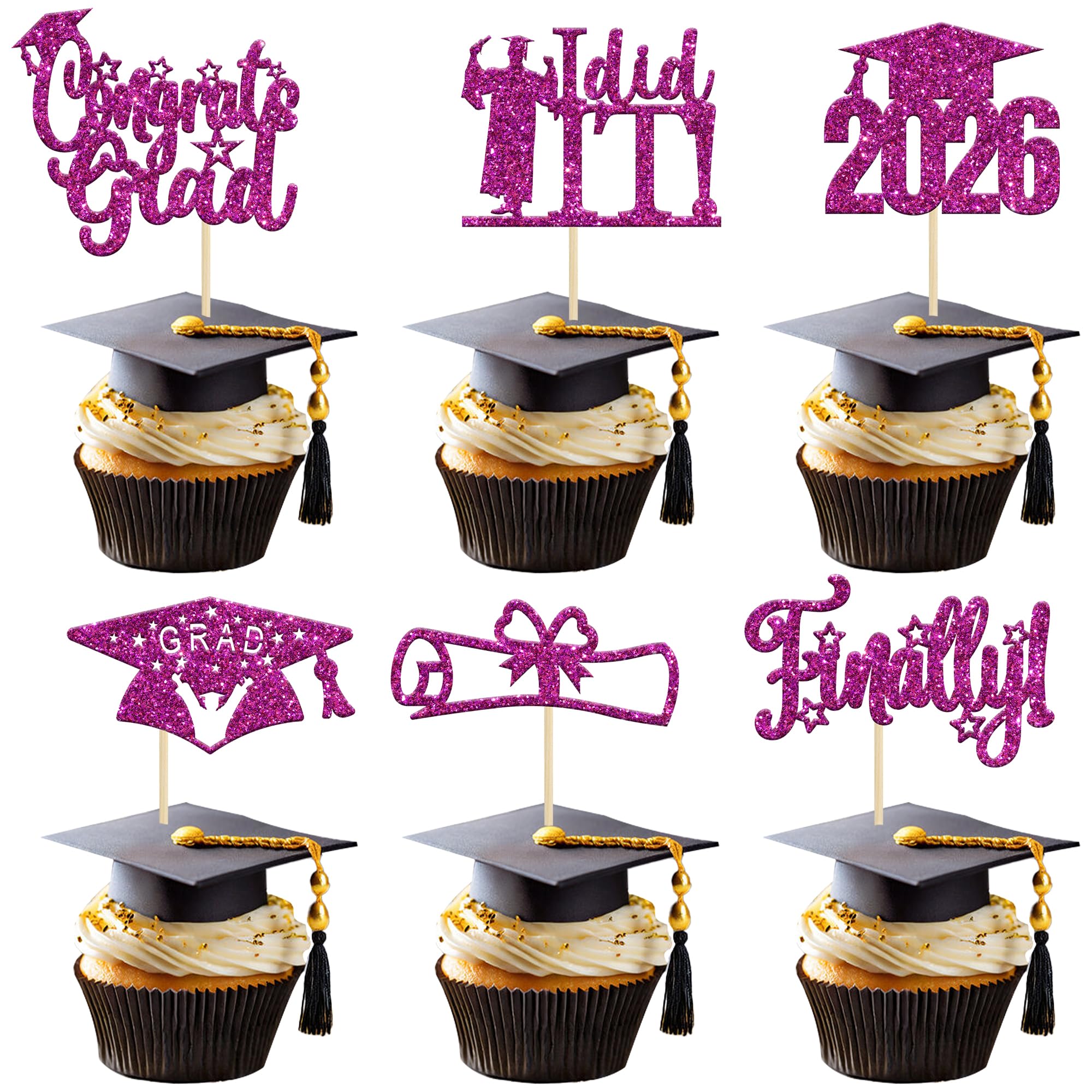 24 PCS 2026 Graduation Cupcake Toppers Purple Glitter Finally I Did It Cake Decorations Congrats Grad 2026 Cap Done Cupcake Picks 2026 Graduation Theme Party Cake Decorations Supplies