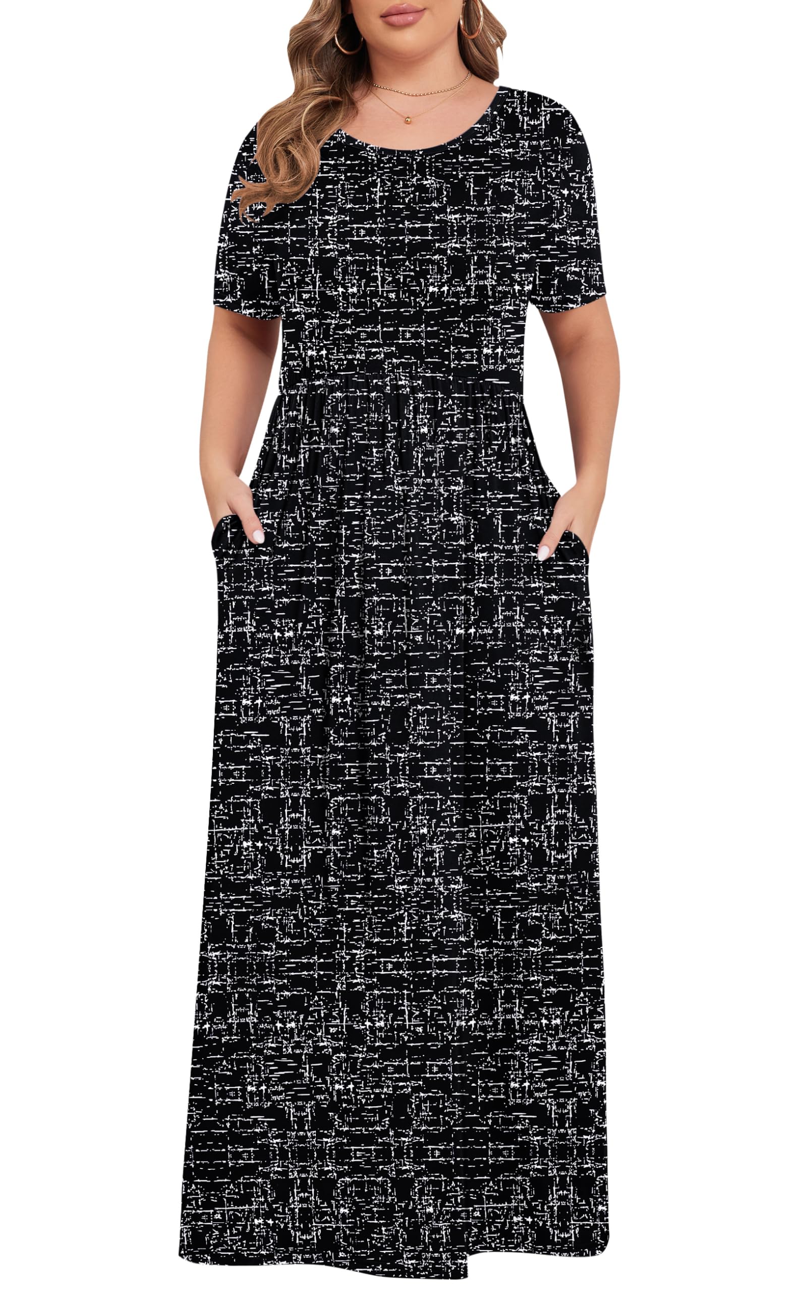 KARALIN Women Plus Size Maxi Dress Short Sleeve Round Neck Loose Fit A-Line