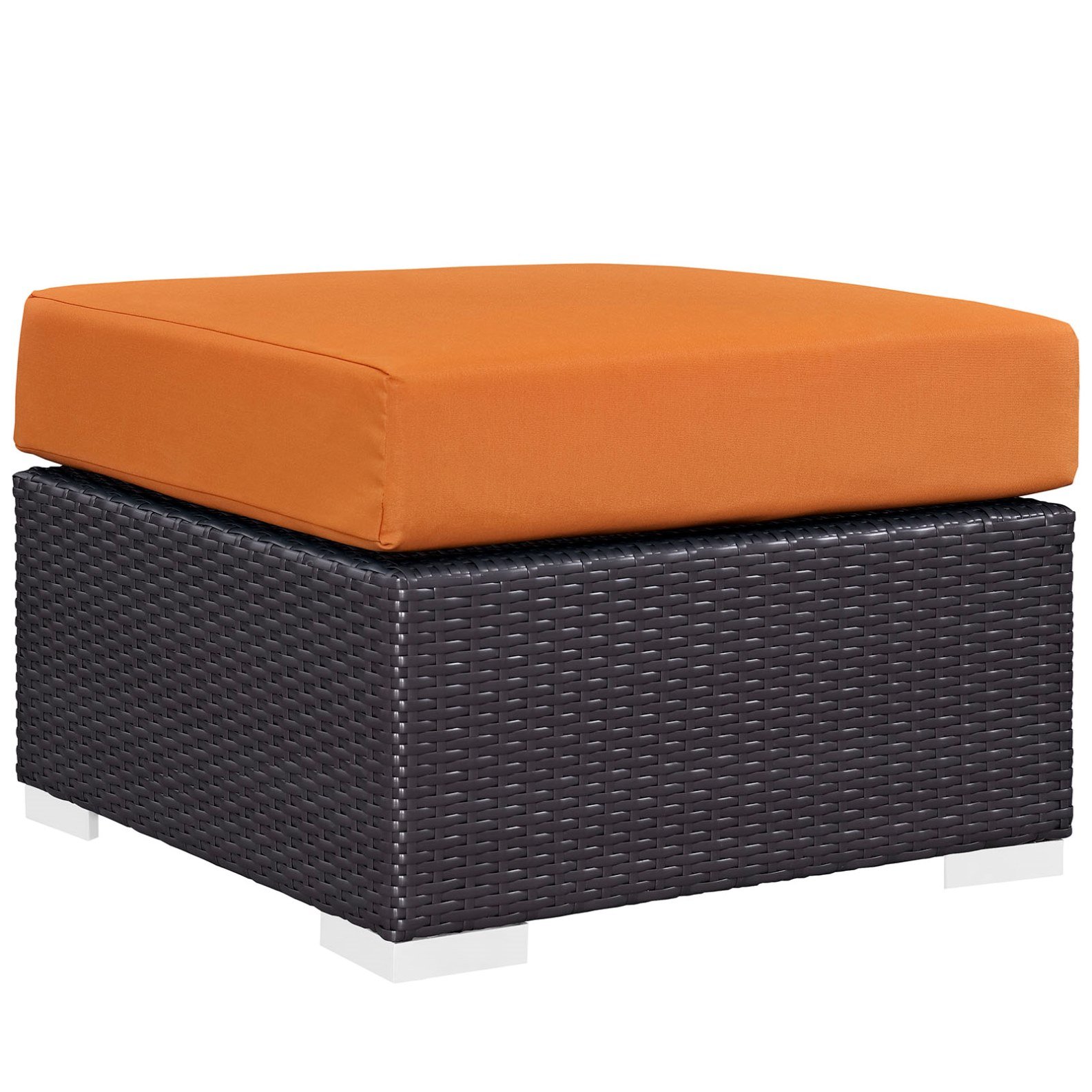 Modern Contemporary Urban Design Outdoor Patio Balcony Square Ottoman, Orange, Rattan