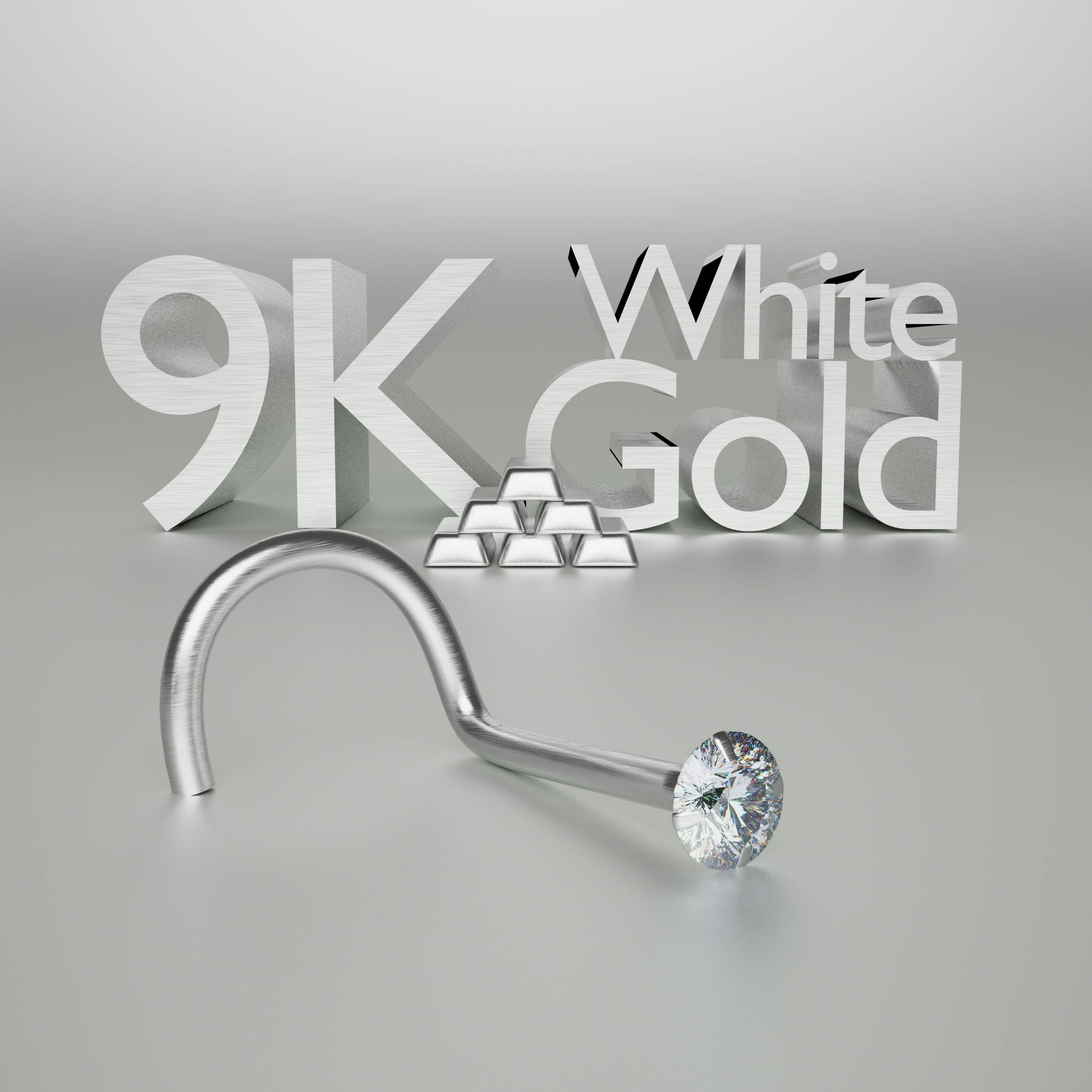 Monster Piercing - Nasenpiercing - Nasen-Stecker/Stab. Gebogen, Press Fit Spirale. 9 Karat Weissgold mit CZ Stein in verschiedenen Größen. Stabstärke: 20G (0,8 mm); Stablänge: 6 mm. Hypoallergen.