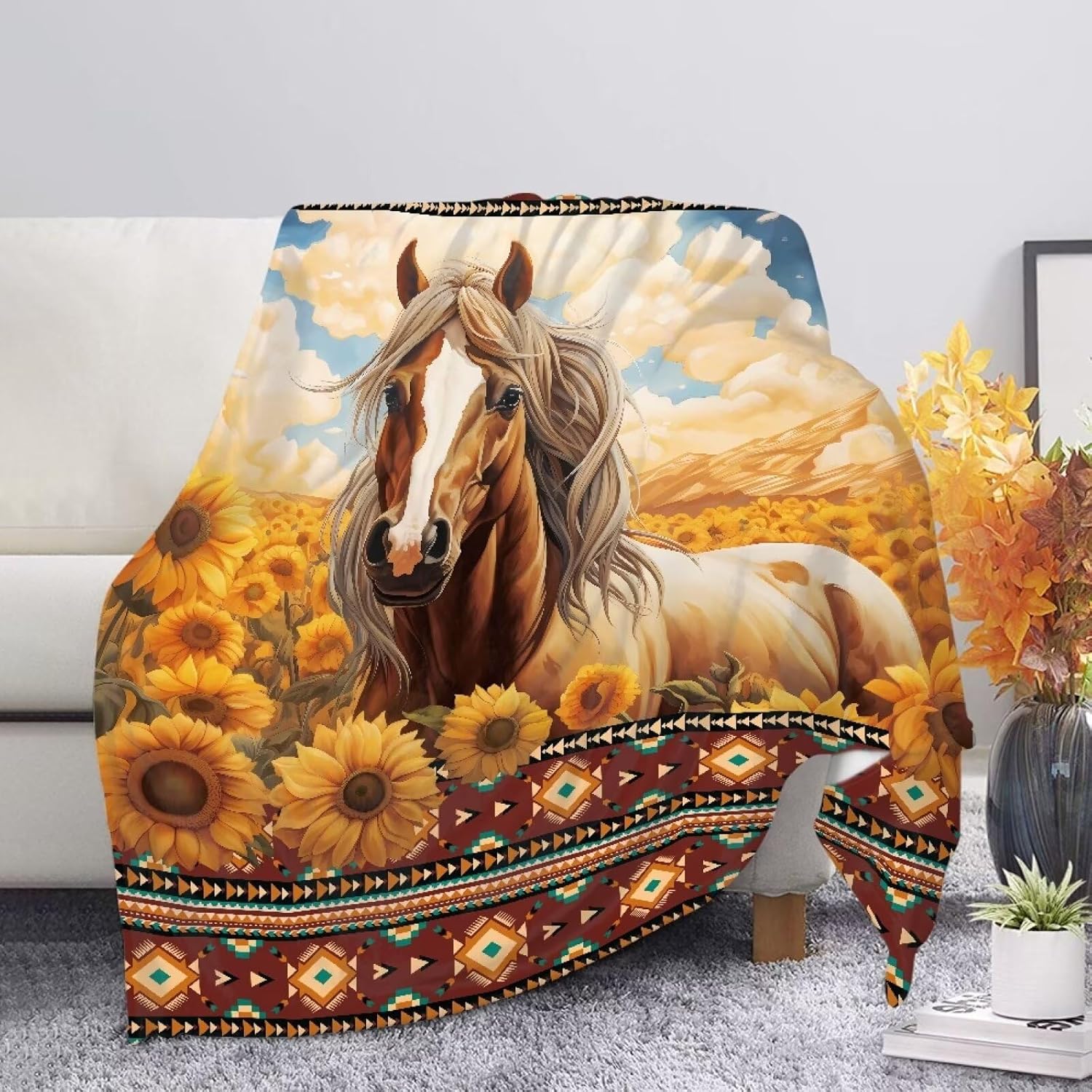 Aztec Tribal Print Horse Blanket Queen Size Fleece Blanket for Bed Soft Tribal Throw Blanket for Bed Thick Fluffy Blanket Full Size All Seasons Blanket for Sofa Bedroom Living Room
