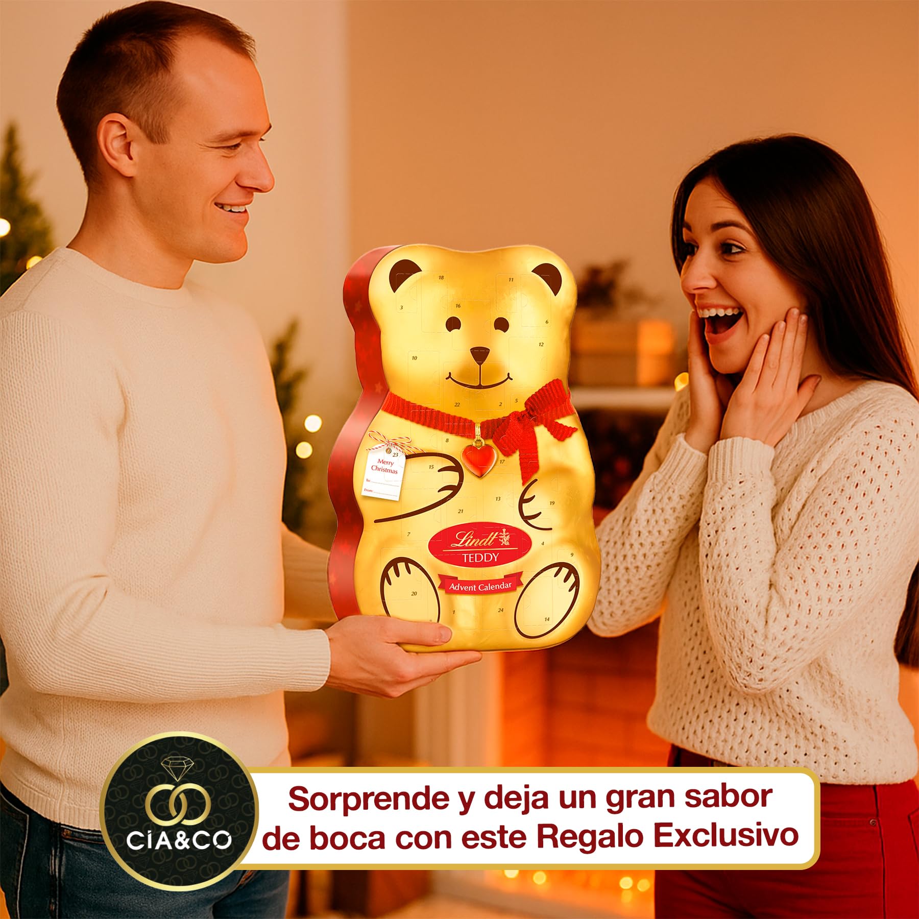 Gran Calendario de Adviento OSO TEDDY 2025 · Gran Formato 310 g · Incluye Tarjeta Personalizada Navidad Cia&Co · Surtido de Bombones y Figuras de Chocolate con Leche · Regalo Premium