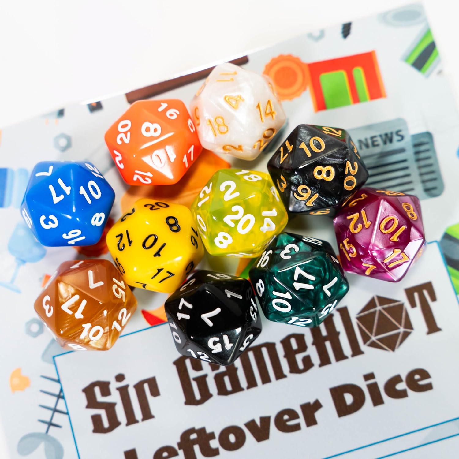 Leftover Dice - Mixed Random Set of 10 x D20 | Sir GameAlot Resin and Acrylic | Dungeons and Dragons (D&D) and Other Role Playing Games (RPG) (D20 (10 x20-sided))