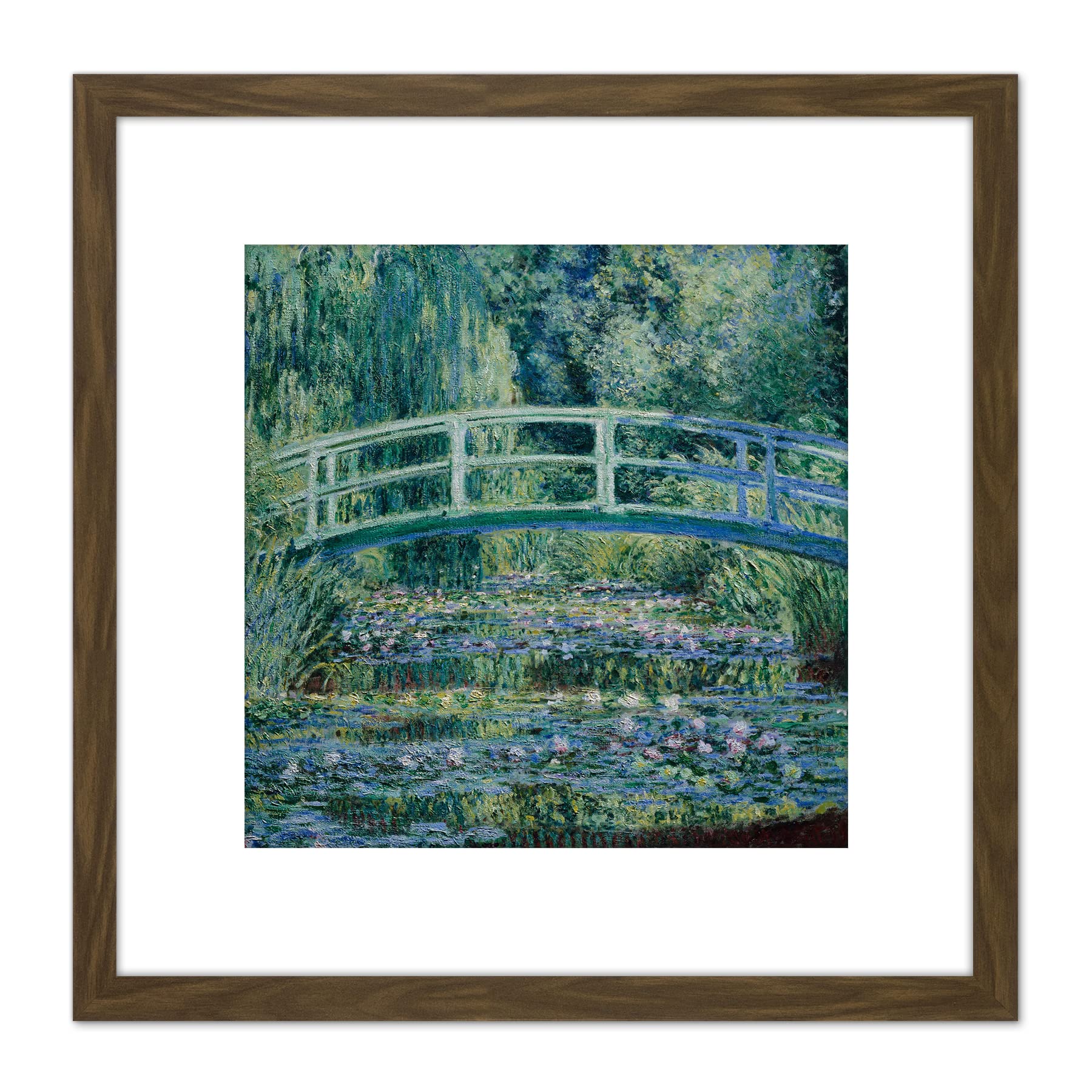 Artery8 Monet Water Lilies Japanese Bridge Painting 8X8 Inch Square Wooden Framed Wall Art Print Picture with Mount
