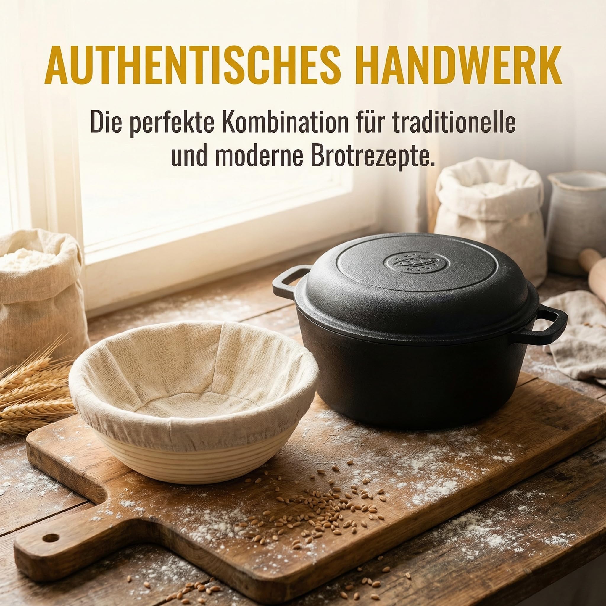 26 cm Gusseisen Brotbacktopf mit Deckel inkl. Rattan Gärkorb Komplett-Set, Traditionelles Brotbacken Zuhause, Für knusprige Kruste & optimale Form, Robustes Brotback-Set mit Gärkorb & Rez