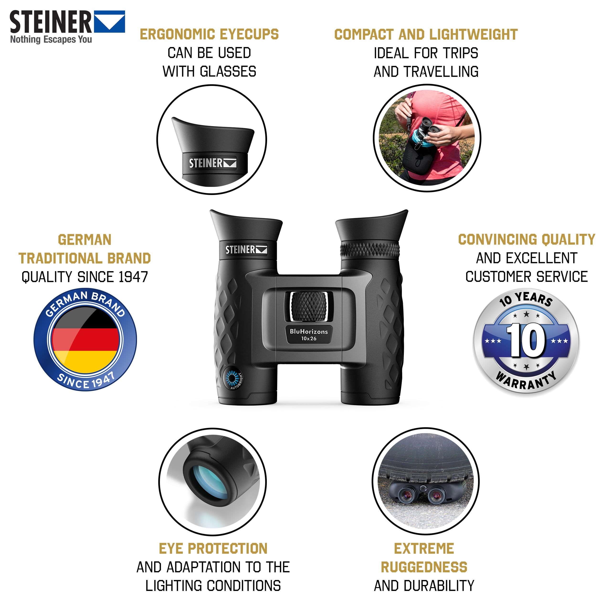 STEINER lornetka BluHorizons 10x26 - optyka niemieckiej jakości, redukuje refleksy lub odblaski od wody, piasku lub śniegu, kompaktowa i lekka | Soczewki adaptacyjne do światła słonecznego, szybkie zamknięcie, wodoszczelność IPX4, waga 300 g